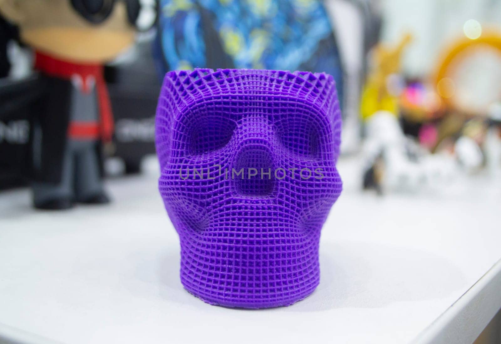 Prototype human skull printed 3D printer molten purple plastic Three-dimensional by Mari1408