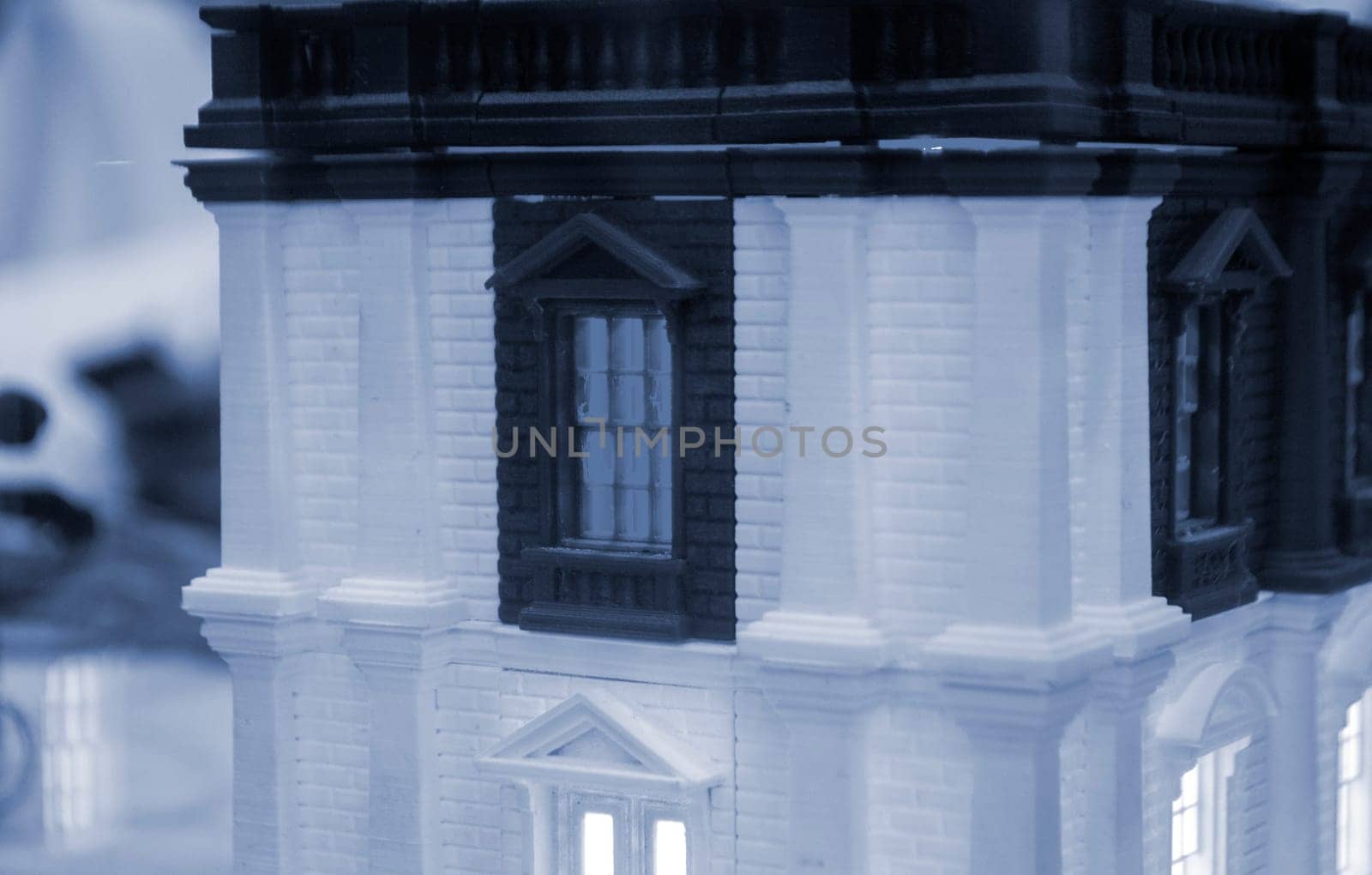 Prototype printed on 3D printer brick building with columns and glowing windows by Mari1408