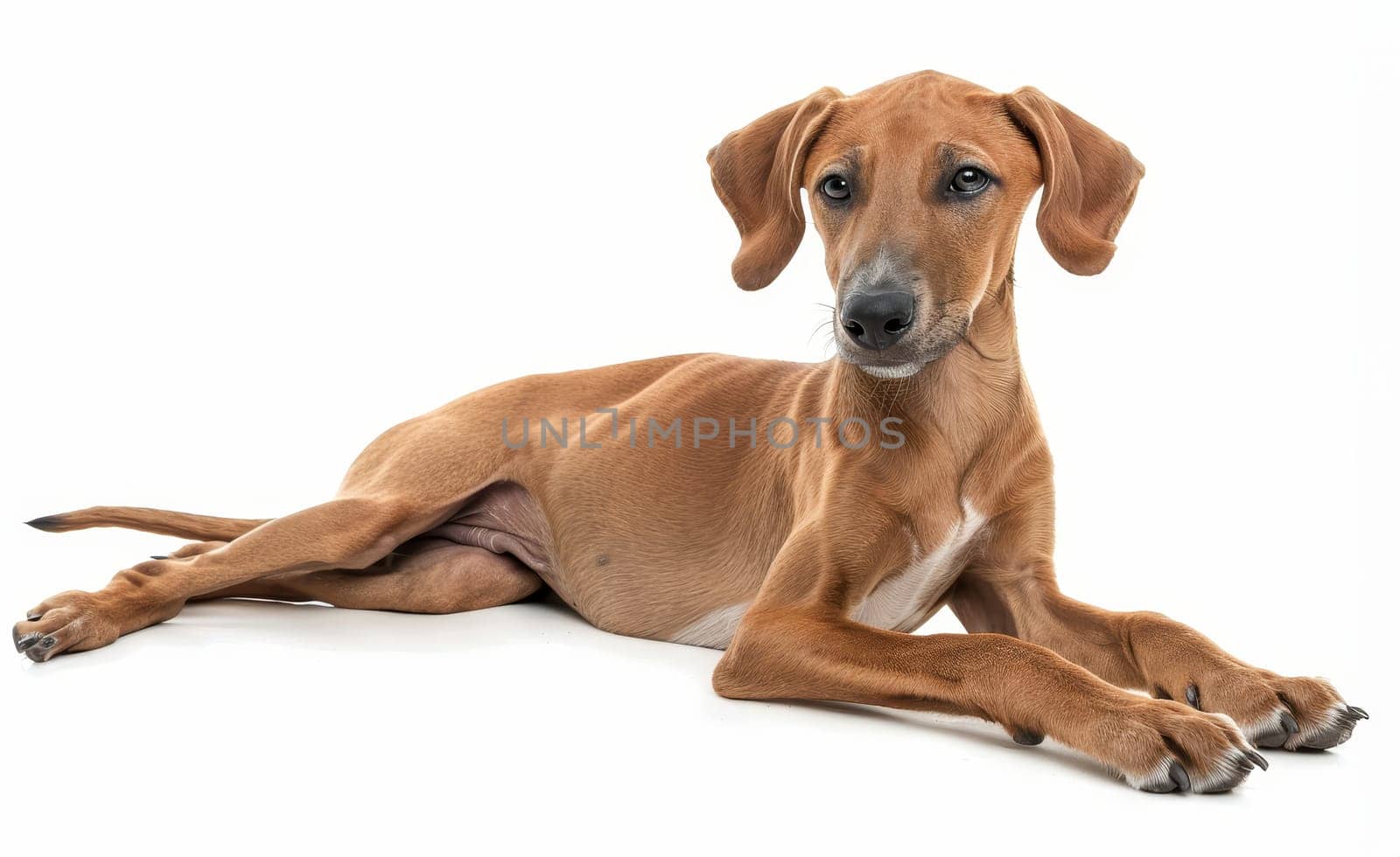 A young Azawakh puppy poses playfully, its floppy ears and innocent gaze adding a touch of whimsy to the breed's usually stately demeanor. The puppy's glossy coat suggest a lively and curious nature. by sfinks