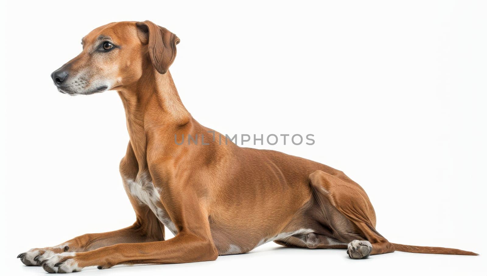 Captured in profile, this Azawakh lies down with a relaxed yet dignified posture, displaying the breed's slender frame and the serene expression characteristic of these African sighthounds. by sfinks