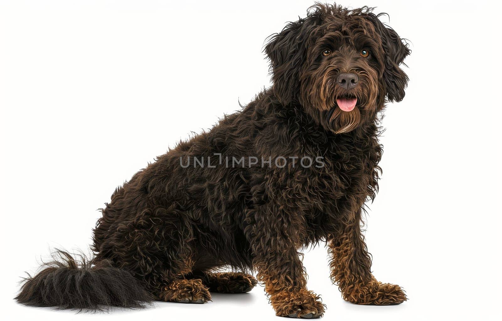 A watchful Barbet dog stands with a keen look, its curly brown fur framing its sharp eyes on a white background. by sfinks