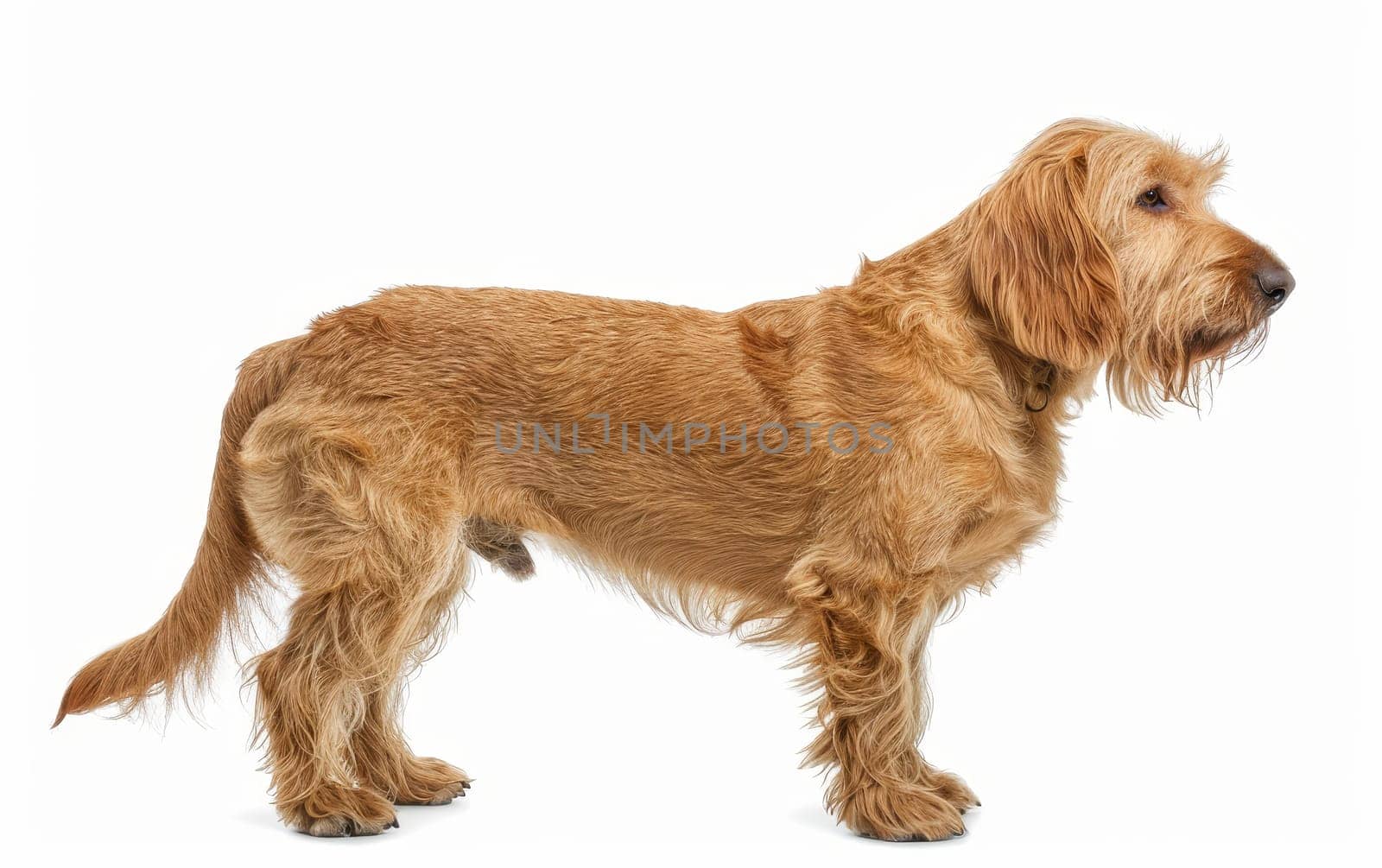 A watchful Basset Fauve de Bretagne stands with a dignified stance, its coat a radiant golden, against a clean white setting. This posture exemplifies the breed's vigilance and steadfast character