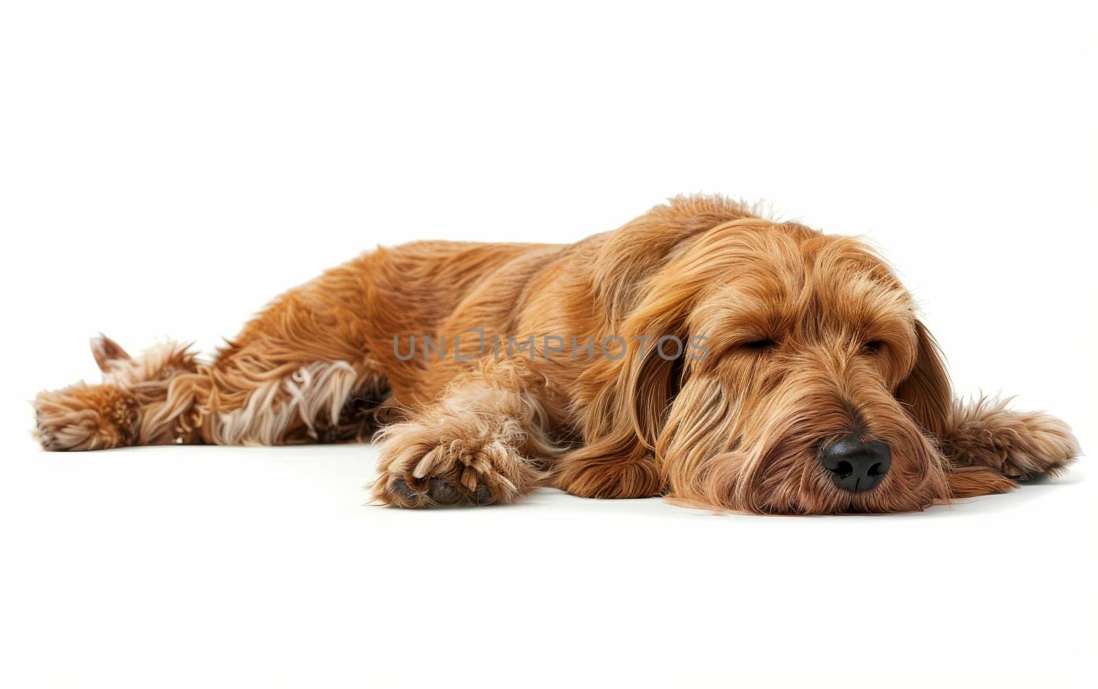 A dozing Basset Griffon Vendeen sprawls comfortably on a pristine white surface, its peaceful slumber a testament to the dog's tranquil nature. The golden coat blends beautifully with surroundings