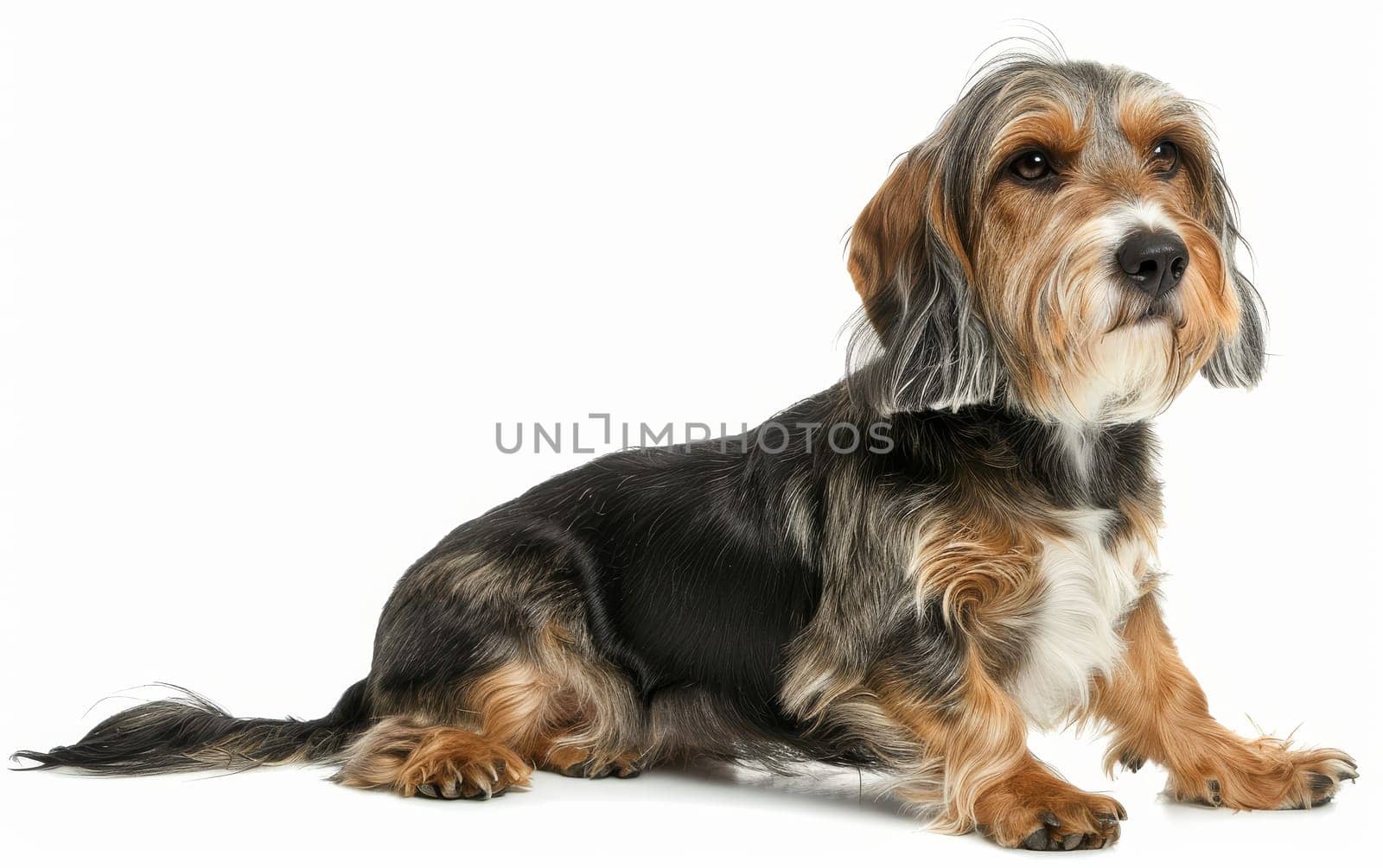 A serene Basset Griffon Vendeen sits calmly, its soft gaze and poised demeanor against a white background reflecting a gentle temperament. The dog's lush, golden fur is beautifully groomed