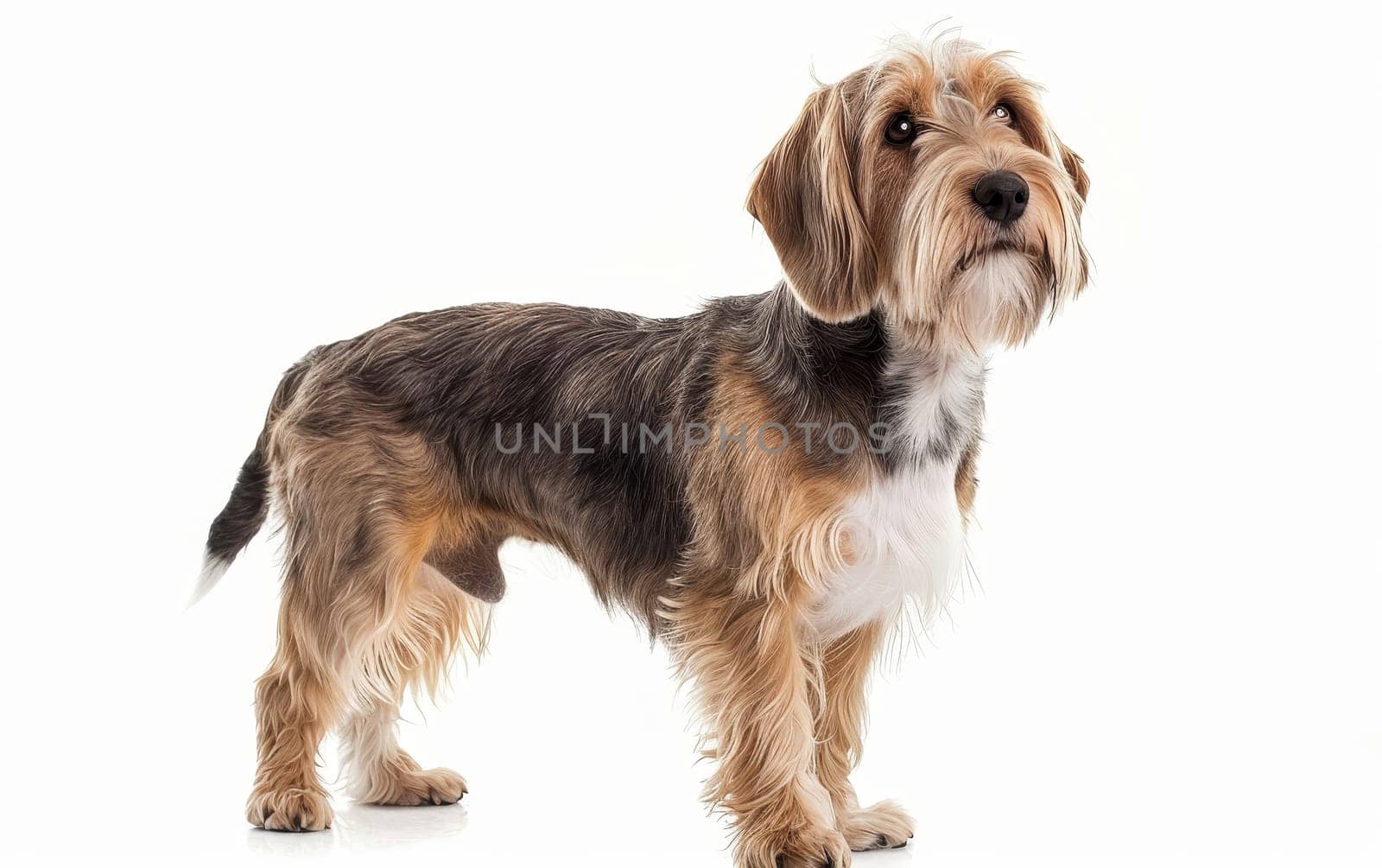 This black and tan Basset Griffon Vendeen's wiry coat and noble stance exude confidence. The dog's attentive expression suggests intelligence and curiosity. by sfinks