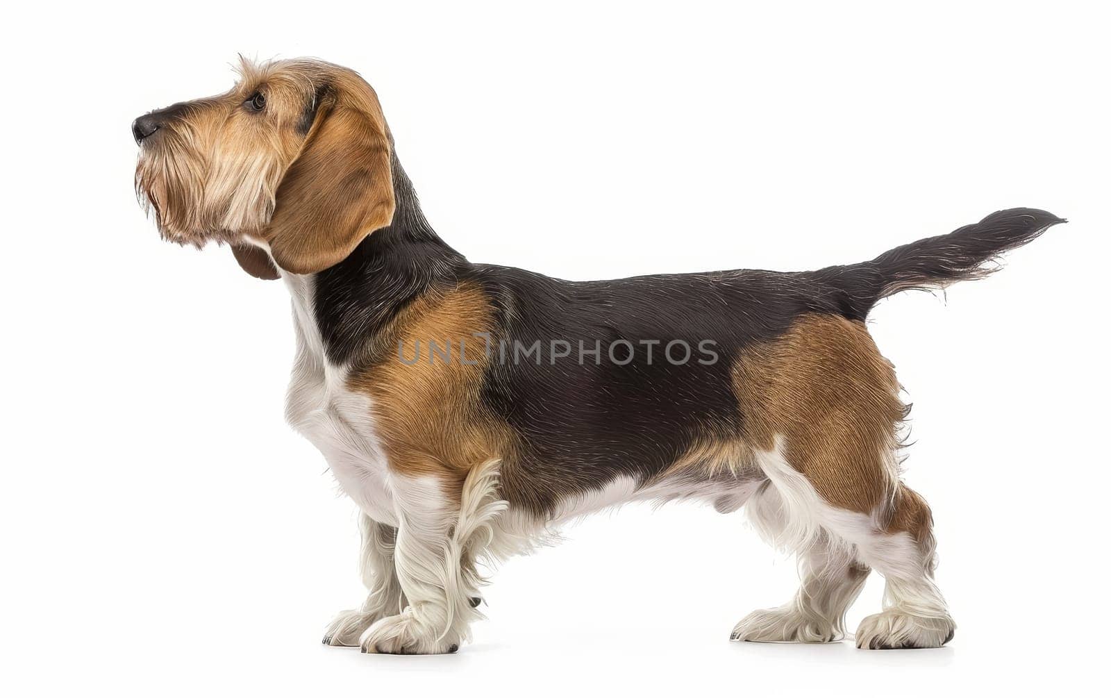 The tricolor Basset Griffon Vendeen displays its unique coat pattern. Its upright posture and attentive look reflect a keen awareness