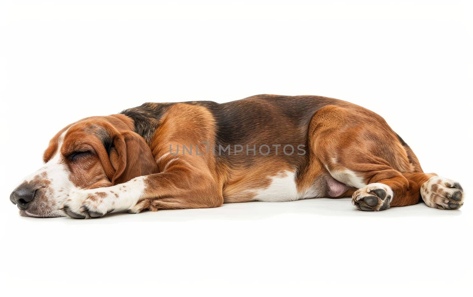 This sleepy Basset Hound naps undisturbed, showcasing the breed's characteristic relaxed posture and distinctive coloring. by sfinks