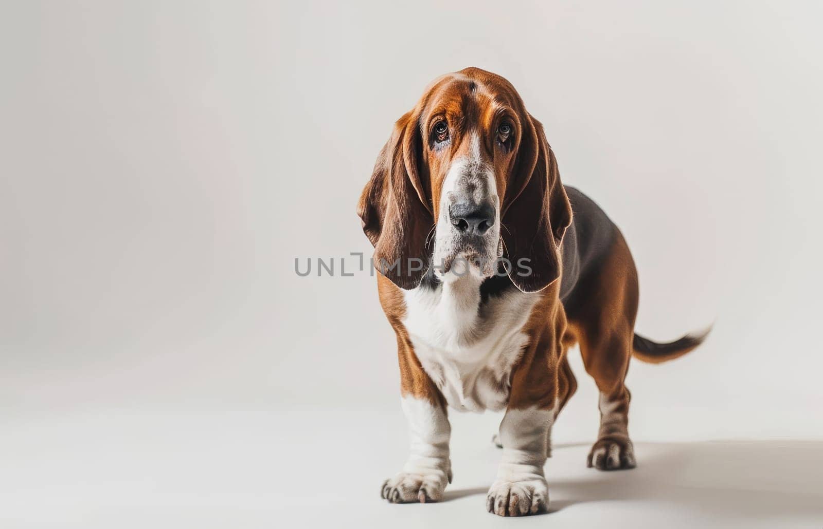 The inquisitive look of a Basset Hound against a minimalist background highlights its curious nature. The dog's keen eyes and characteristic features are in sharp focus