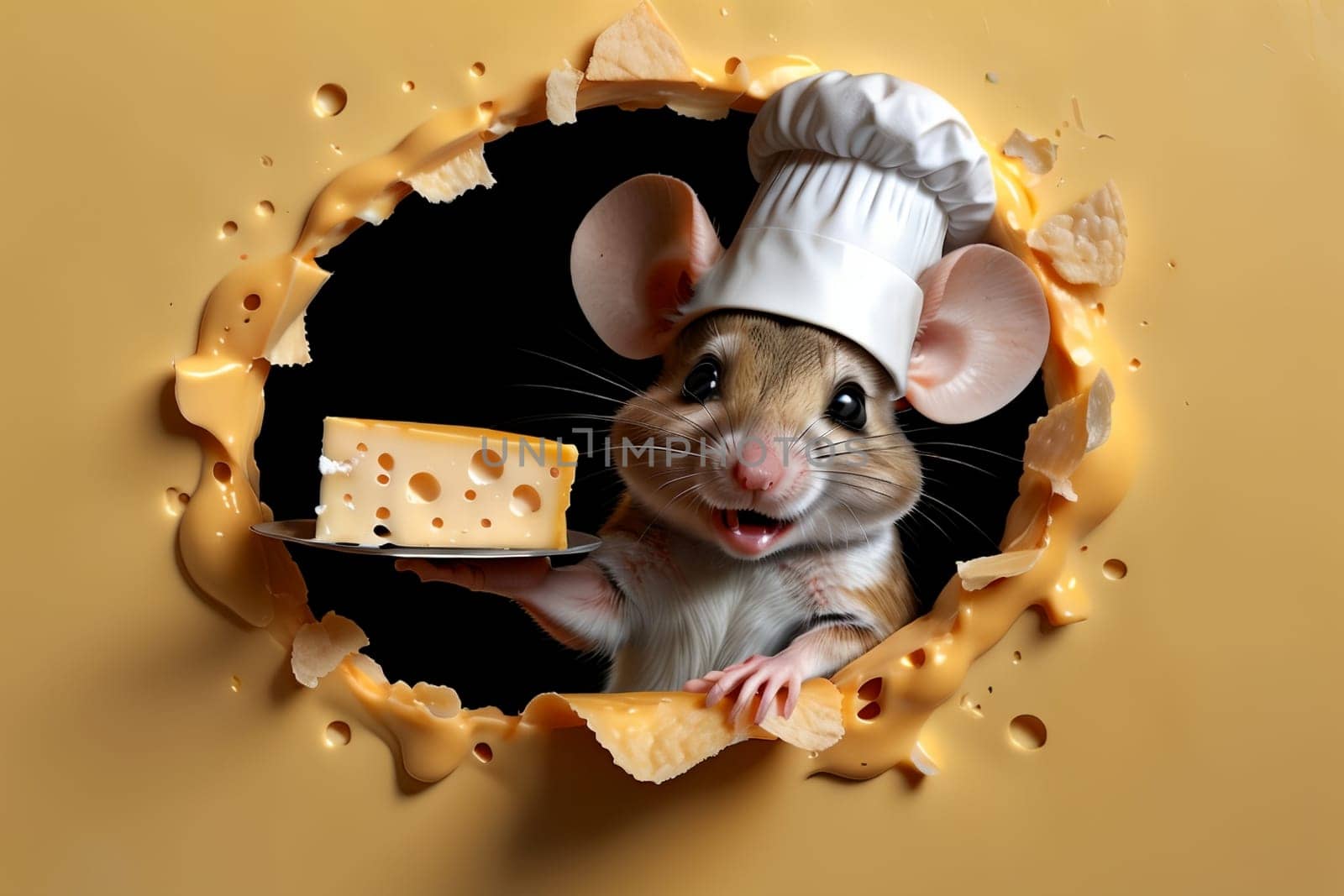 a mouse in a chef's hat with a piece of cheese peeks out of a hole .