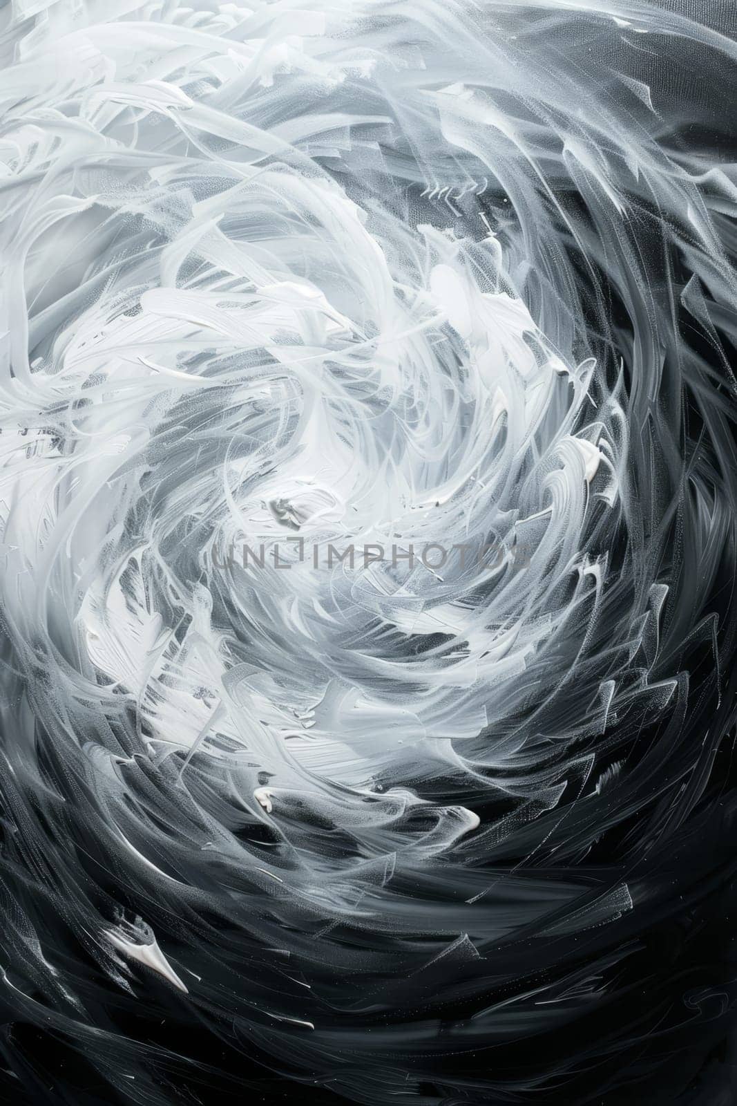 This monochromatic abstract painting showcases a whirlwind of white brushstrokes on a dark background. It reflects a minimalist yet powerful approach to abstract art by sfinks