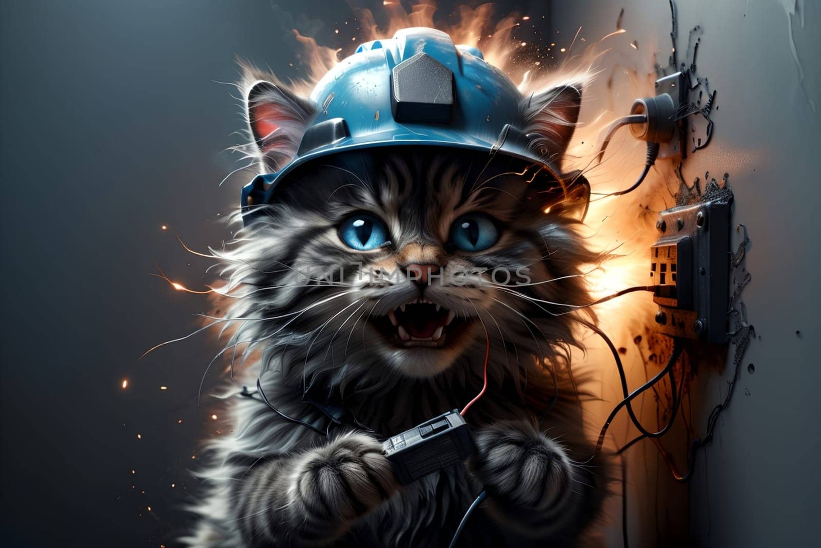 a scared cat in a construction helmet stands near a switch with electricity, a short circuit in electricity .