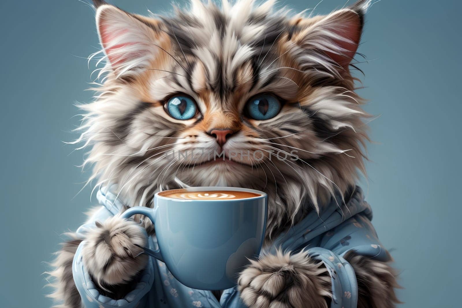 cute cat in pajamas prepared fresh morning coffee in the morning.