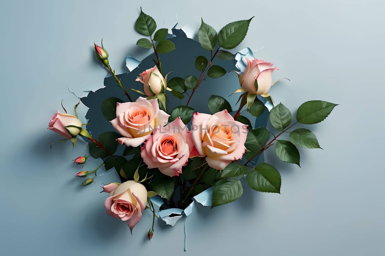 hole with beautiful colorful red roses, blue background .