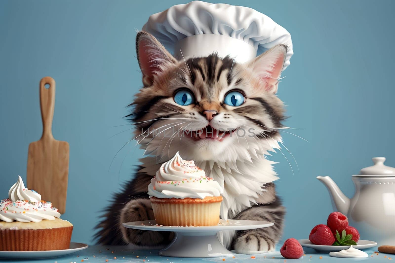 professional cat pastry chef prepares sweet pastries and cakes .