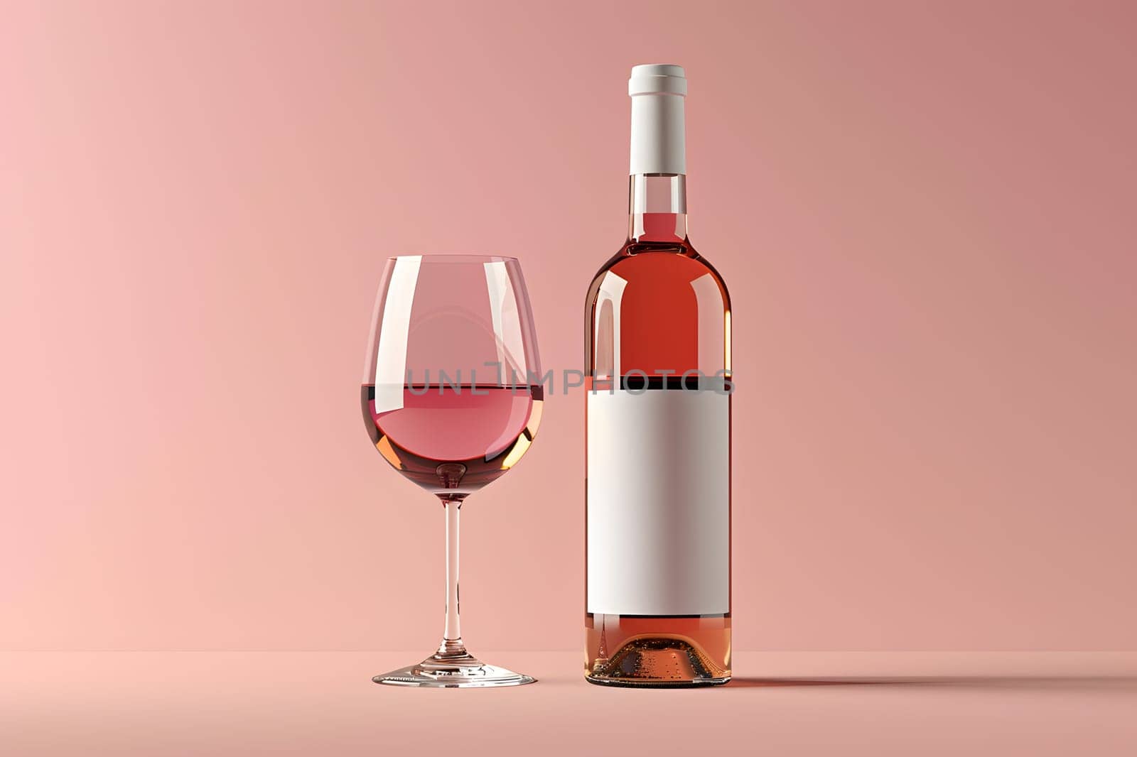 A glass of rose wine sits beside a glass bottle on a pink background. The liquid in the stemware reflects the soft lighting, creating a romantic and inviting ambiance