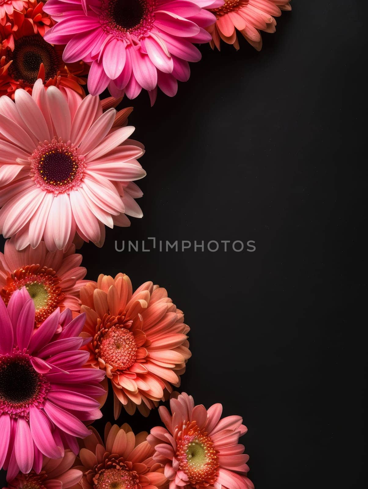 A delicate arrangement of pink and red gerbera flowers elegantly borders the dark background, creating a stunning contrast. The image speaks of sophistication and natural beauty by sfinks