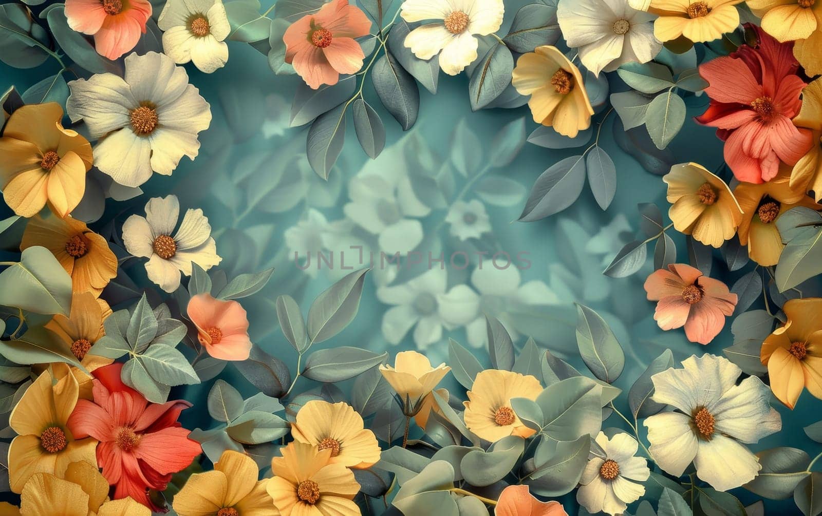 Pastel flowers bloom across a blue background, their soft colors blending into a serene and harmonious pattern that soothes the senses.