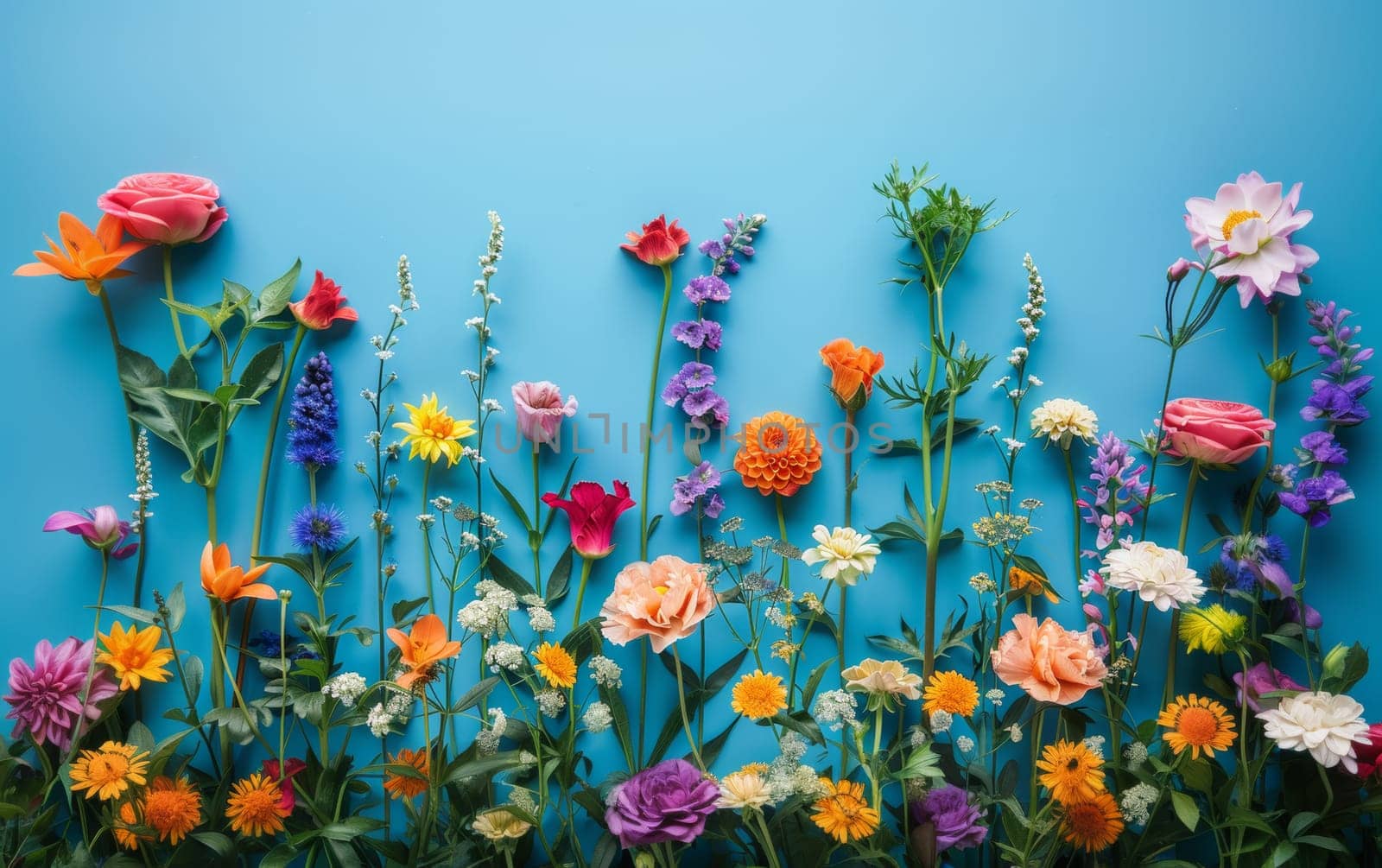 A diverse array of colorful flowers stands tall against a vivid blue backdrop, creating a striking visual spectrum that celebrates the diversity of nature by sfinks