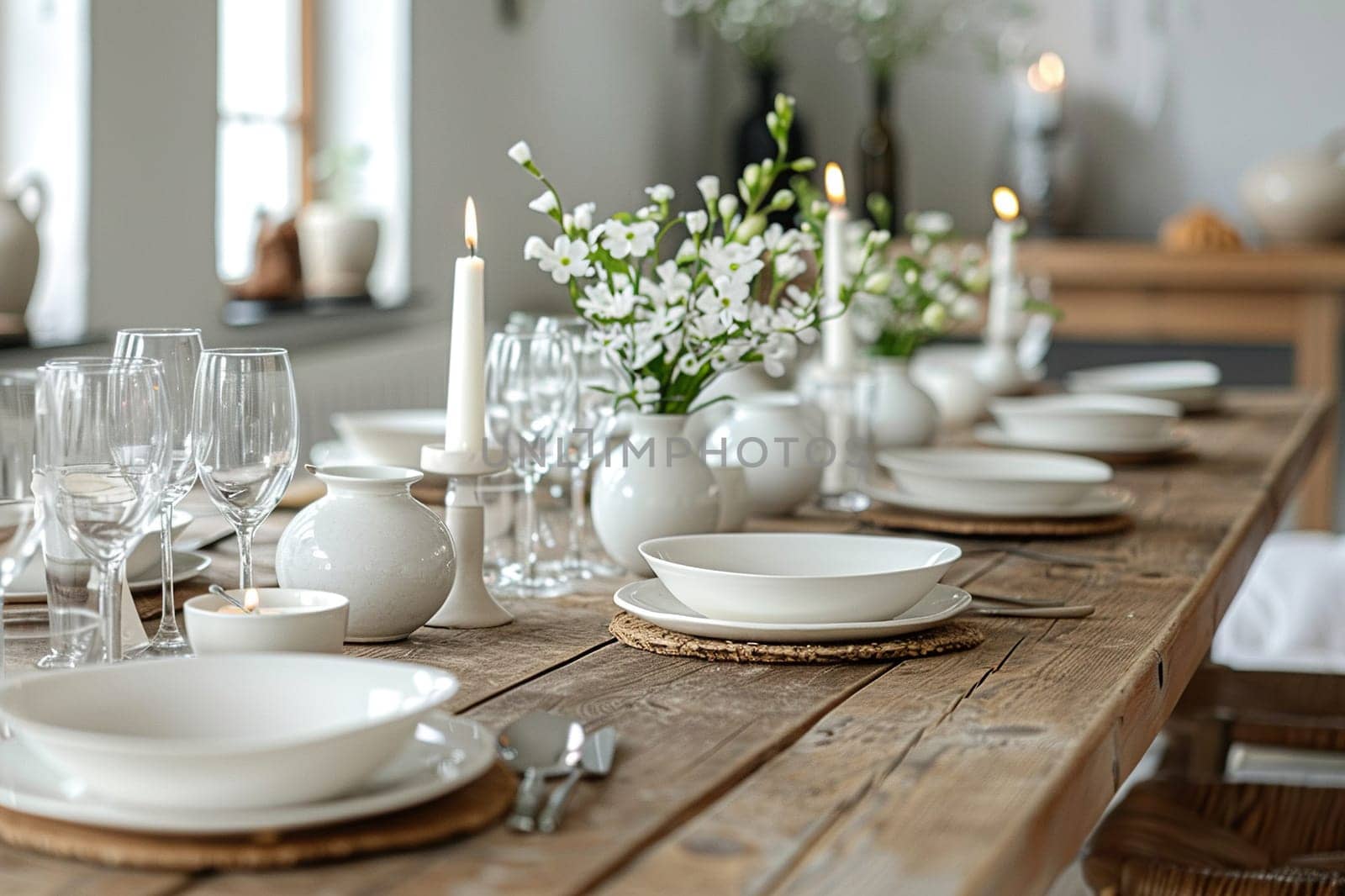 Modern wooden table setting in minimalist Scandinavian style, catering for birthdays, weddings, celebrations.