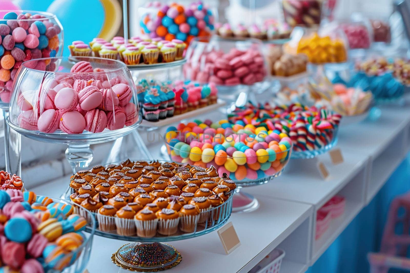 Bright delicious candy bar with macarons for a festive event, wedding, birthday.