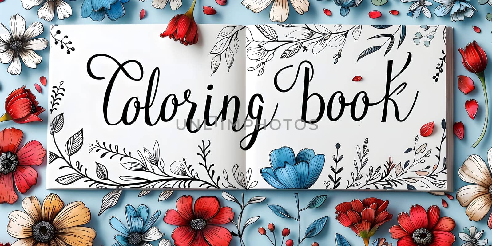 A photograph showing an open coloring book with a pink flower pattern surrounded by flowers on a blue textile background. The font is in a rectangle art with plant petal illustrations
