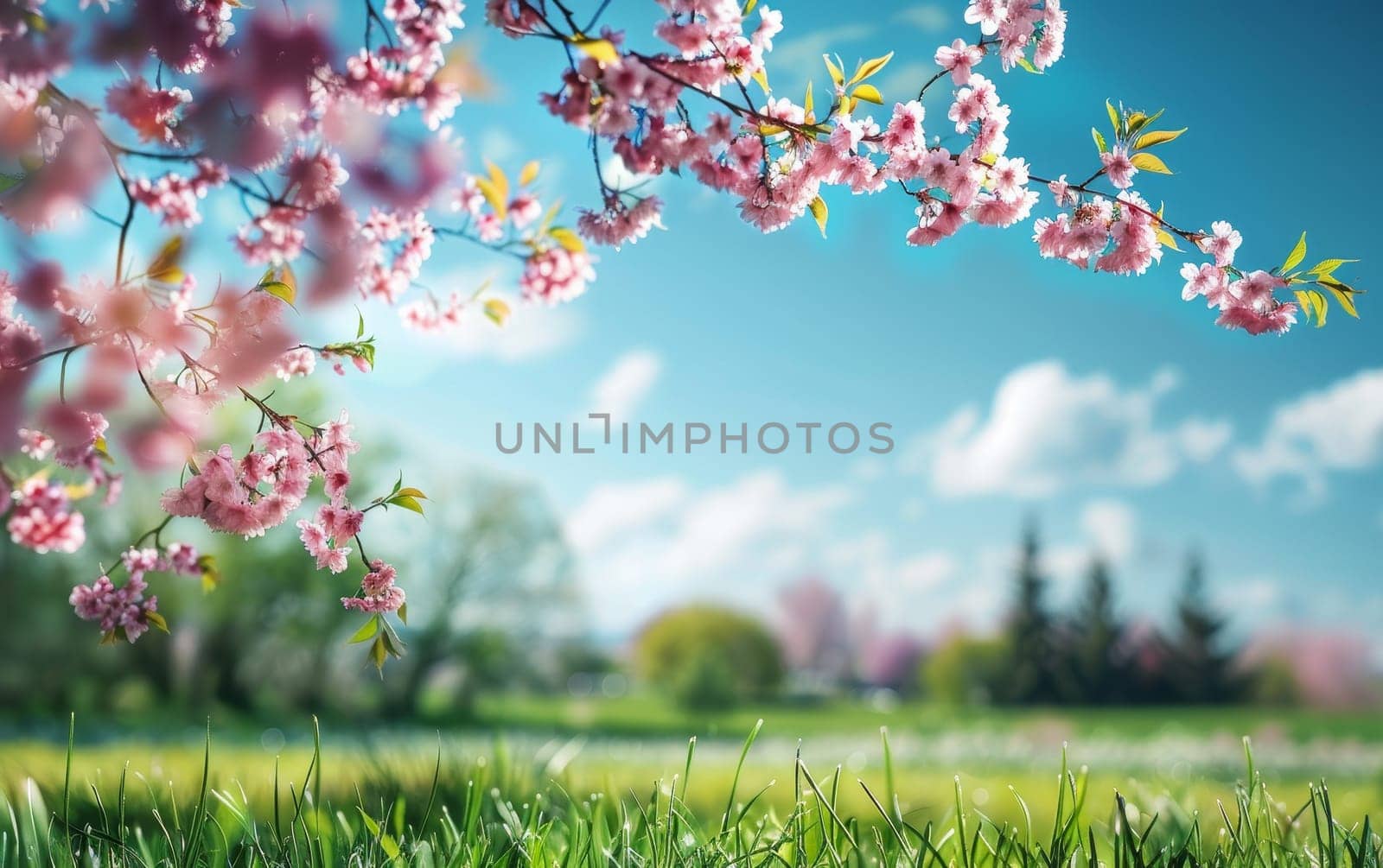 Cherry blossom branches overhang a lush meadow, a serene tableau of spring's awakening under a tranquil sky.