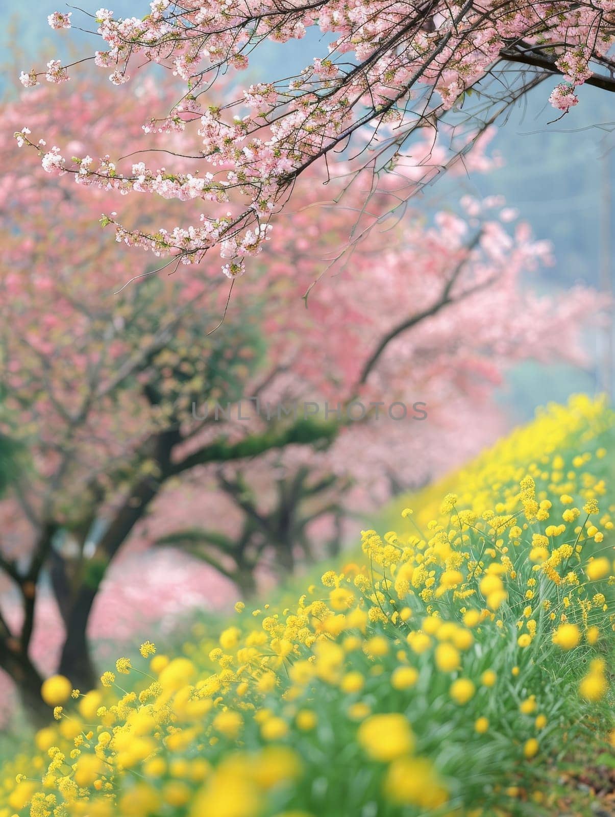 A spring scene unfolds with pink cherry blossoms complemented by a carpet of golden flowers, creating a contrasting yet harmonious natural palette.