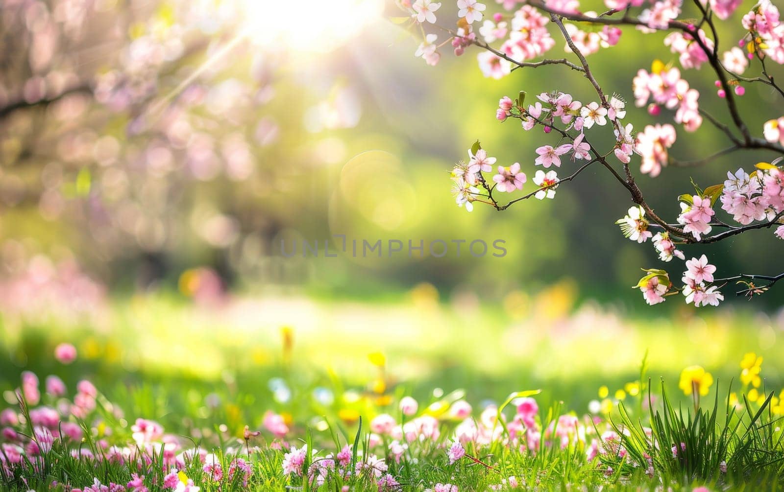 Cherry blossoms cascade in a magical glade, their petals sprinkling over the vibrant green grass in a dance of spring jubilation.