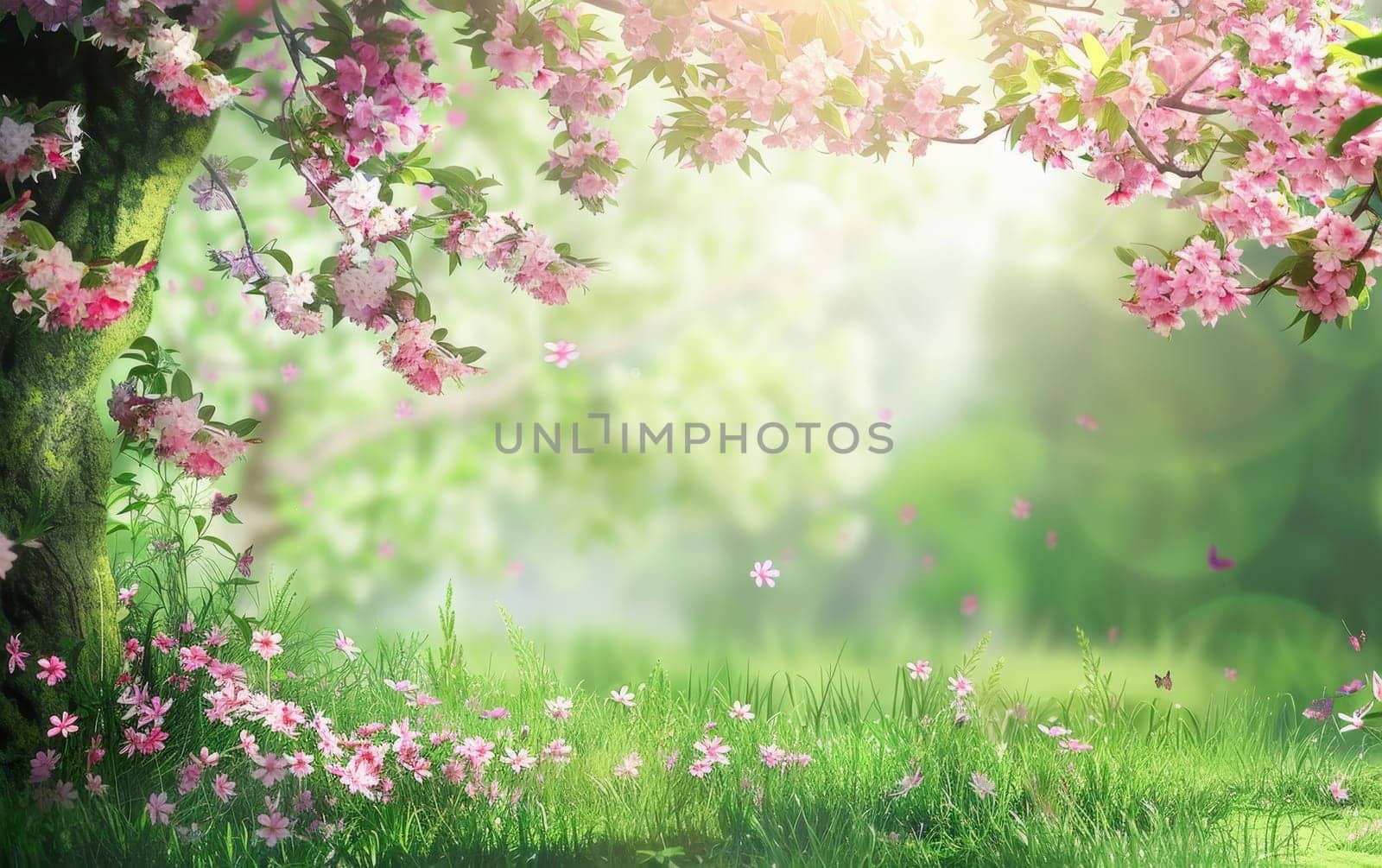 Soft pink blossoms form an ethereal canopy, with petals strewn across a dreamy meadow under a dappled light.