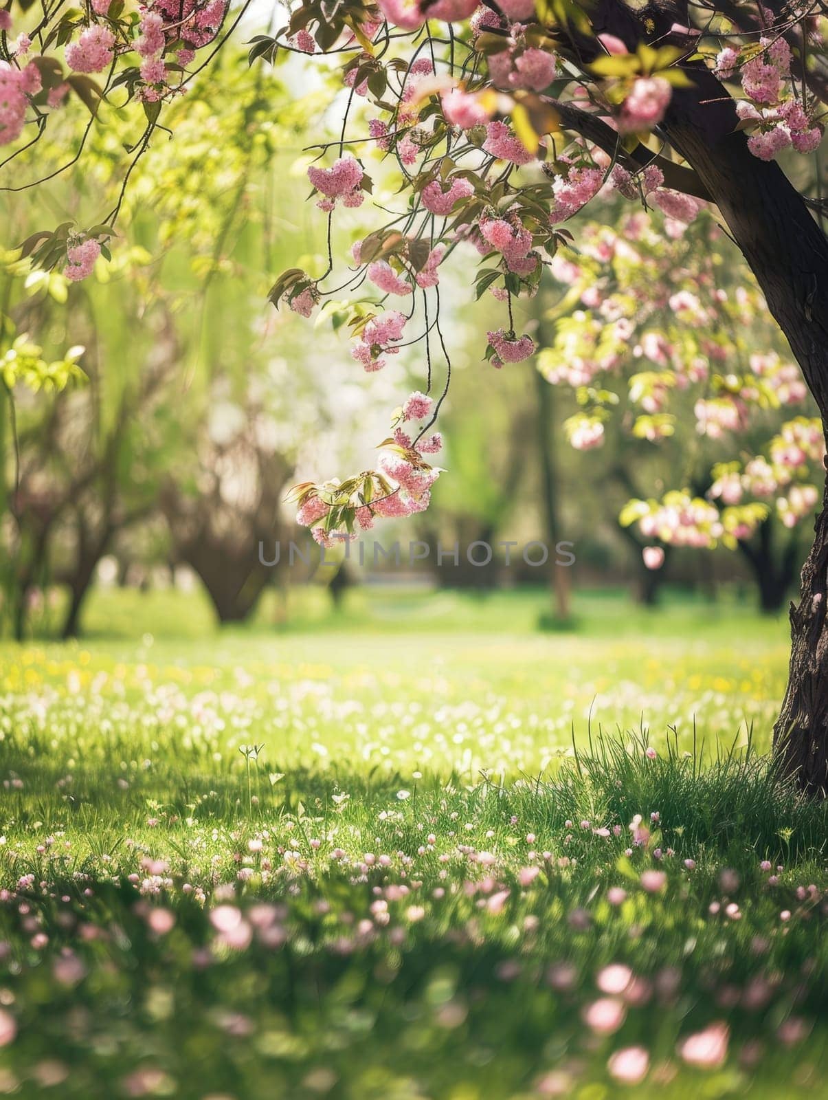 Cherry blossoms whisper the arrival of spring, gently falling onto a meadow dotted with daisies by sfinks