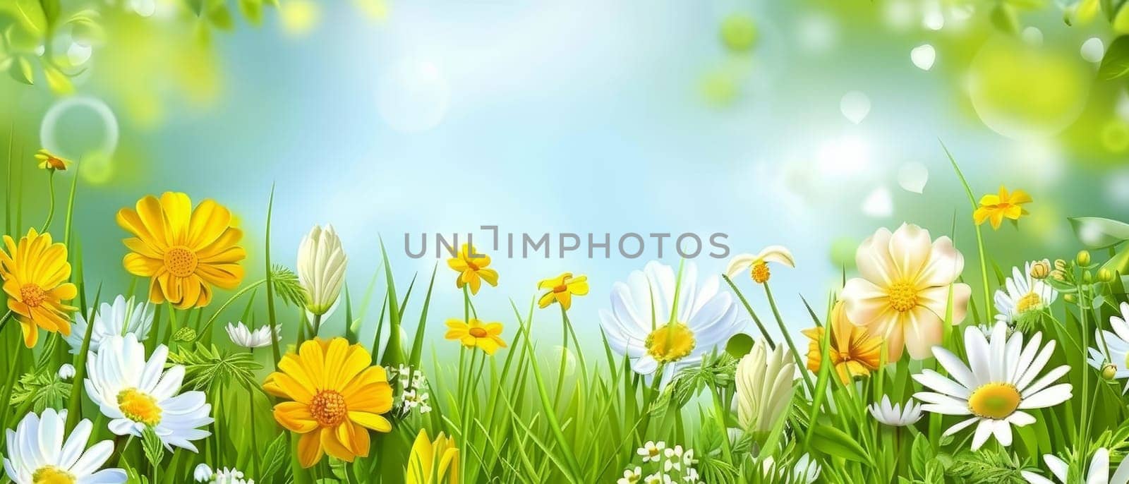 A vibrant tableau of spring flowers and bright greenery paints a cheerful scene under a clear blue sky.