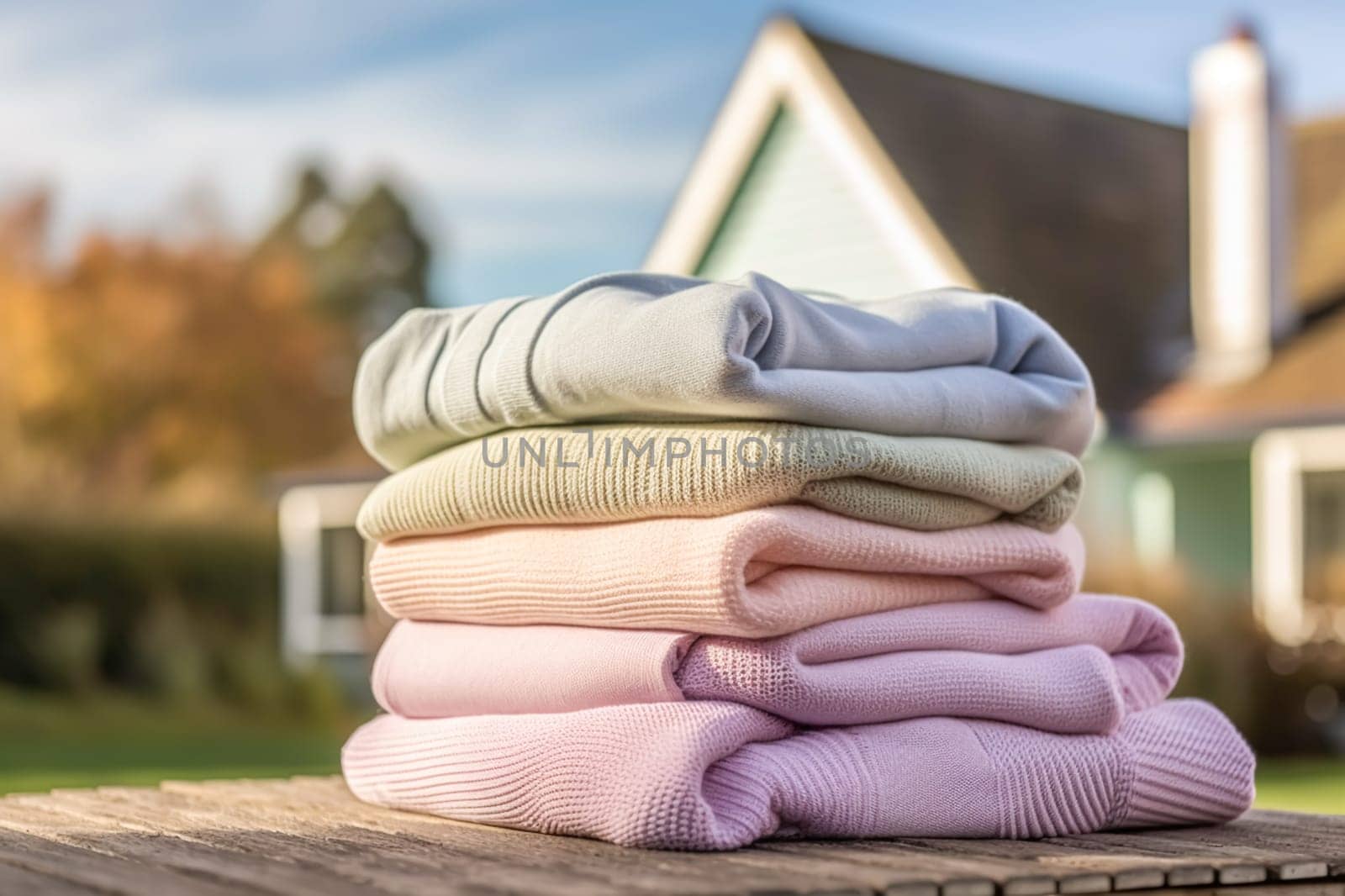 Laundry, housekeeping and homemaking, stack of clean and folded clothes in country house garden, post-processed, generative ai