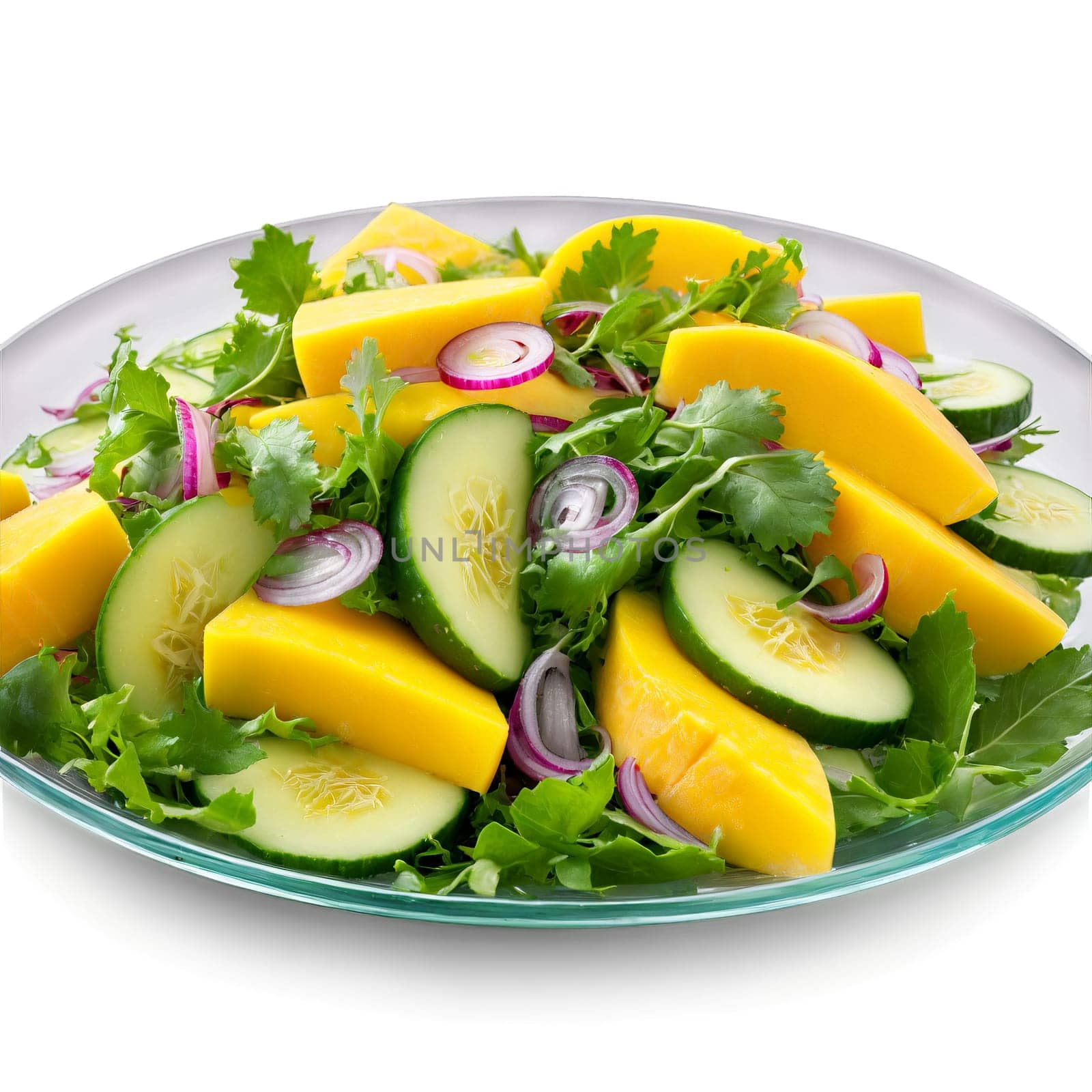 Mango salad with mixed greens diced mango cucumber and red onion tossed in a lime. Food isolated on transparent background