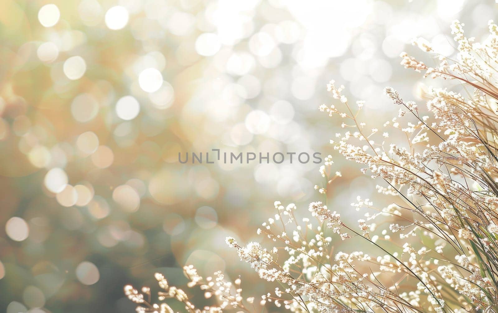 Golden sunlight illuminating delicate wildflowers, creating an ethereal glow amidst soft focus bokeh lights by sfinks