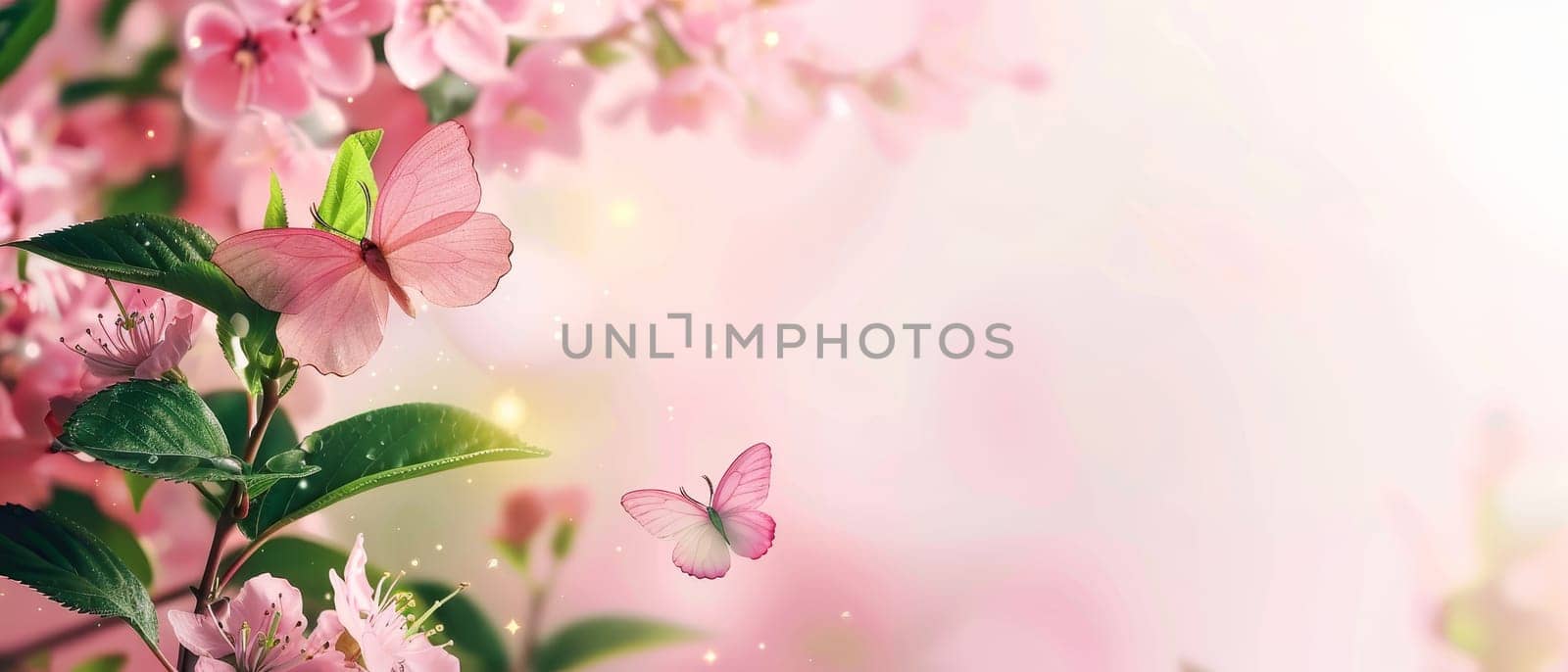 Delicate pink blossoms and fluttering butterflies welcome the whispers of spring on a backdrop of soft hues.