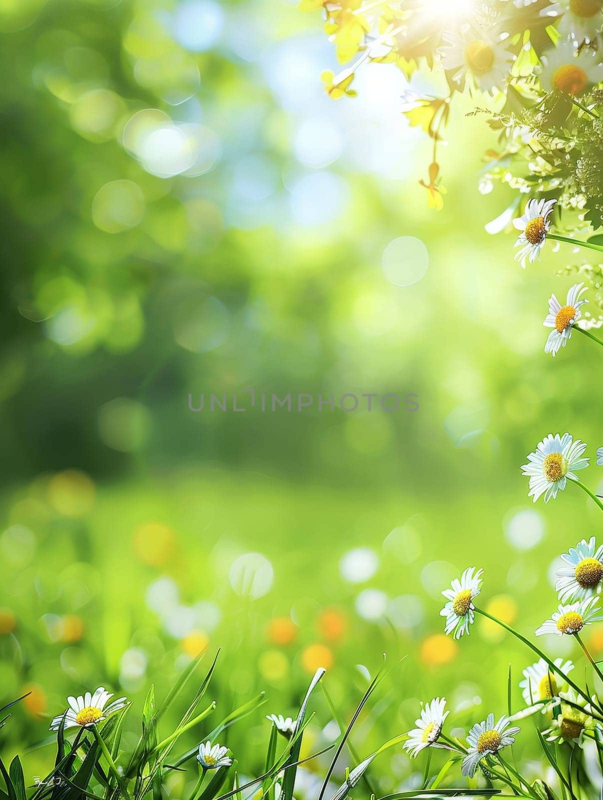 Soft bokeh effect enhances this image of a sunlit meadow sprinkled with daisies, evoking feelings of warmth by sfinks