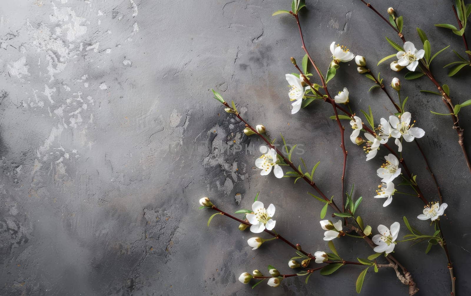 Delicate white spring blossoms are laid out across a rugged concrete texture, creating a contrast between nature and urbanity. The blossoms offer a sense of renewal amidst the stark grey background.