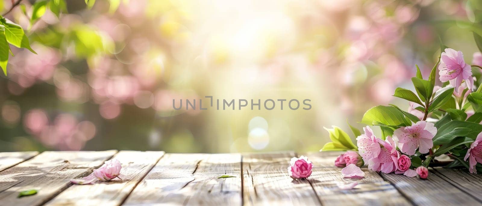 Delicate pink spring blossoms grace the corner of weathered wooden planks, with sunbeams casting a warm, ethereal glow. The soft focus background hints at a tranquil garden awakening to the light