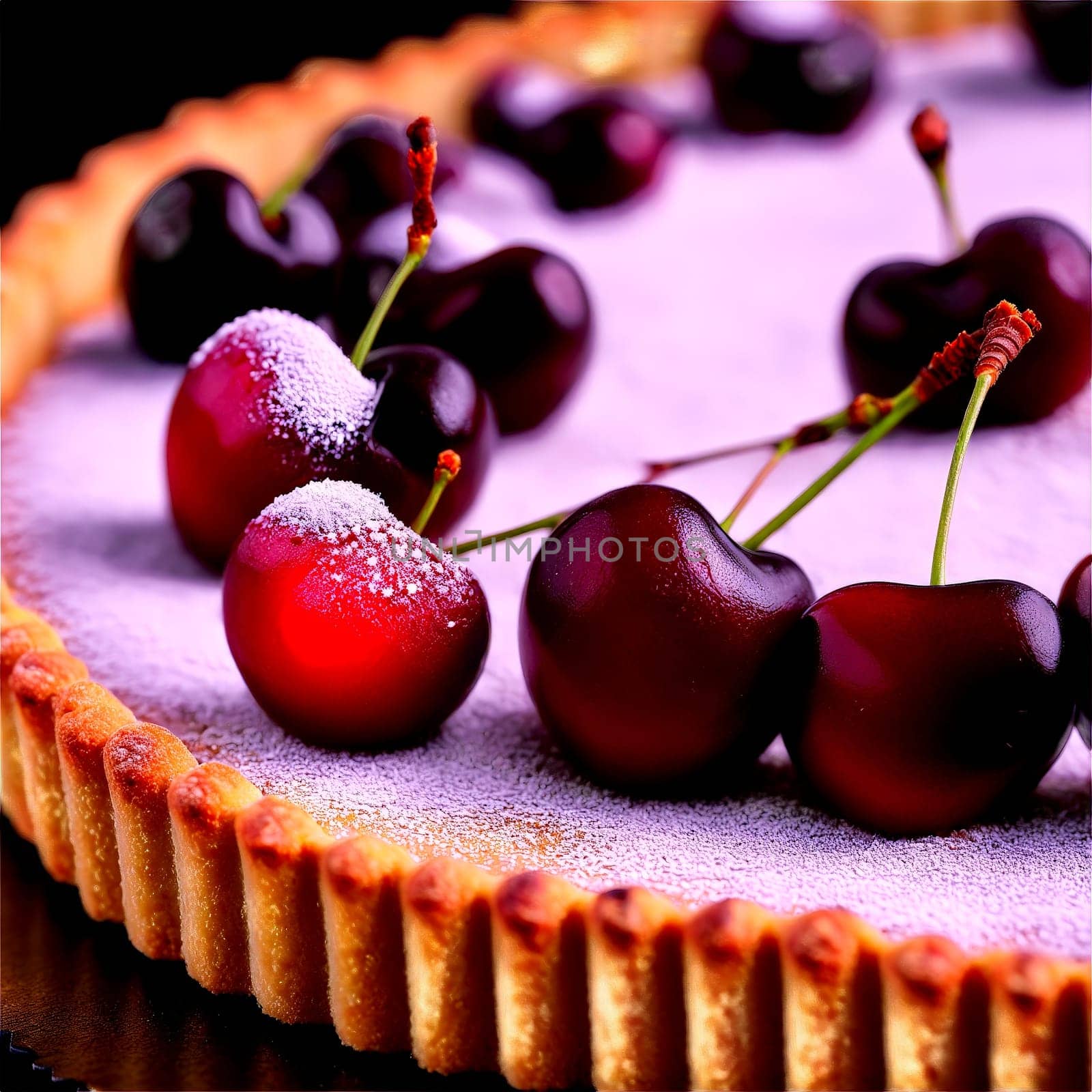 Cherry almond tart cherries almond frangipane in a shortbread crust dusted with powdered sugar Summer. close-up food, isolated on transparent background