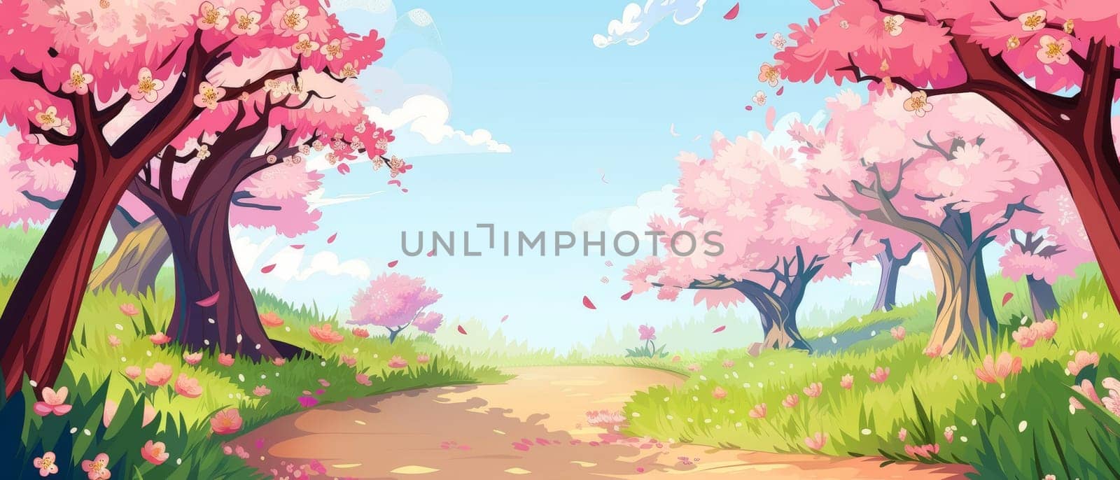 A picturesque animated scene depicting a vibrant path under cherry blossom trees, petals gently falling in the breeze. The lush green grass and clear blue skies create an atmosphere of serene beauty by sfinks