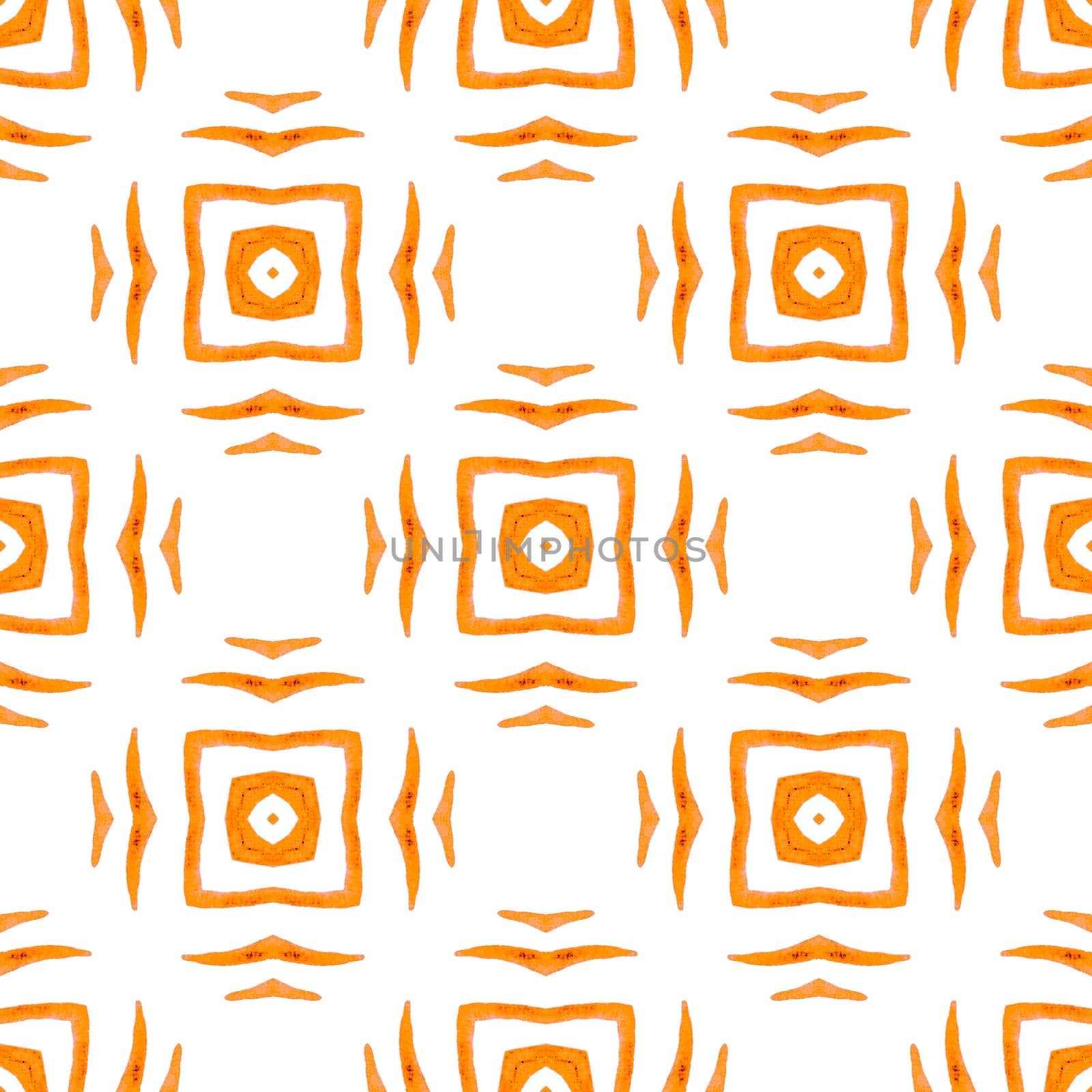 Tiled watercolor background. Orange flawless boho chic summer design. Textile ready fancy print, swimwear fabric, wallpaper, wrapping. Hand painted tiled watercolor border.