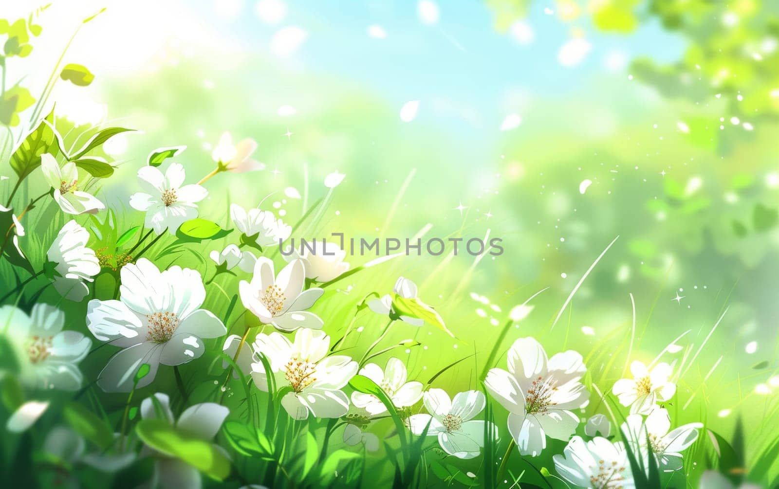 Soft white blossoms glow amidst a sunlit green backdrop in this anime-style artwork, creating a scene of pure springtime enchantment. Light particles add a magical touch to the tranquil setting by sfinks