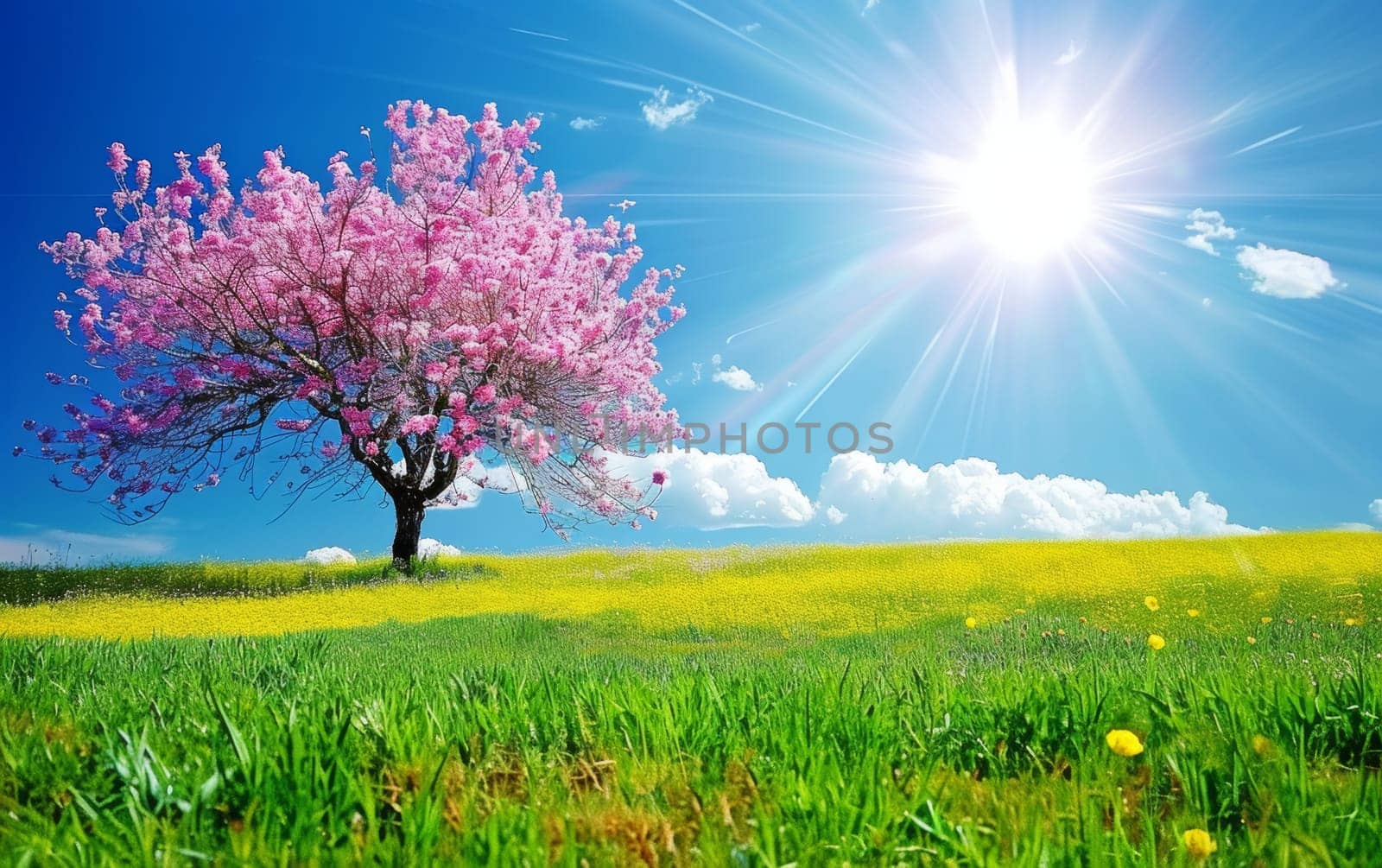 A lone cherry tree in resplendent bloom radiates under a sun-drenched sky, surrounded by a sea of vibrant yellow flowers. The dazzling scene celebrates the essence of spring by sfinks