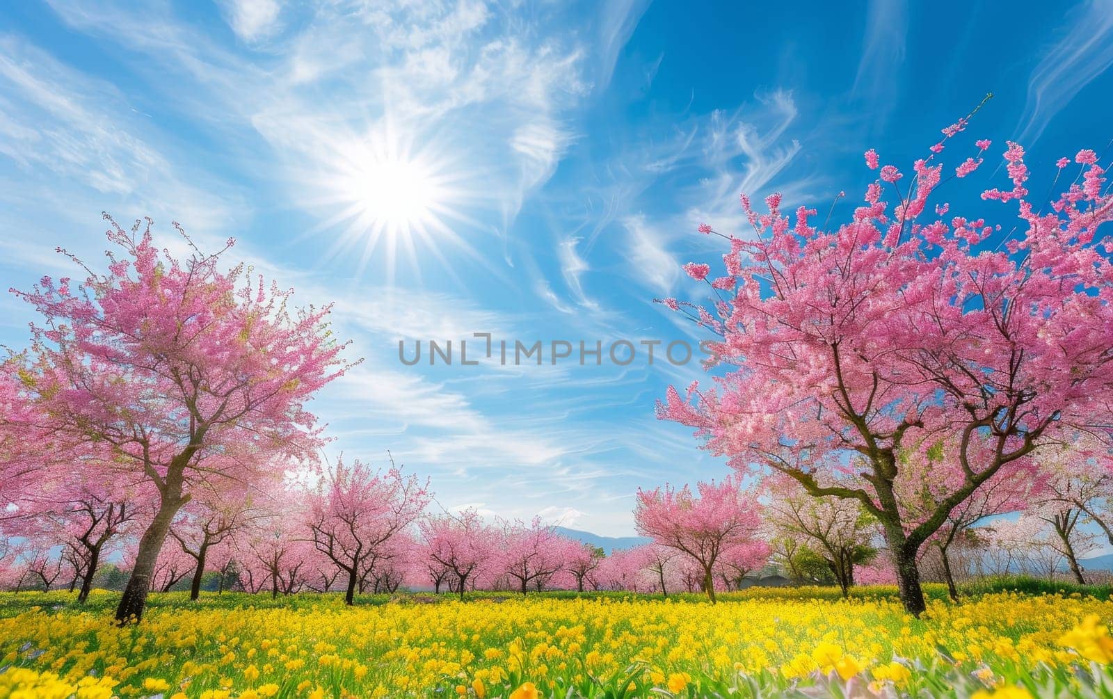 Cherry trees in full bloom stand against a vivid blue sky, with sunlight streaming through the petals. A carpet of yellow wildflowers adds a contrasting hue to the picturesque scene.