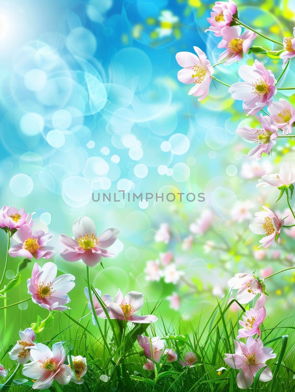 Pink spring blossoms foreground a magical bokeh effect that captures the light's playfulness. The image evokes the enchanting atmosphere of a fairy tale by sfinks
