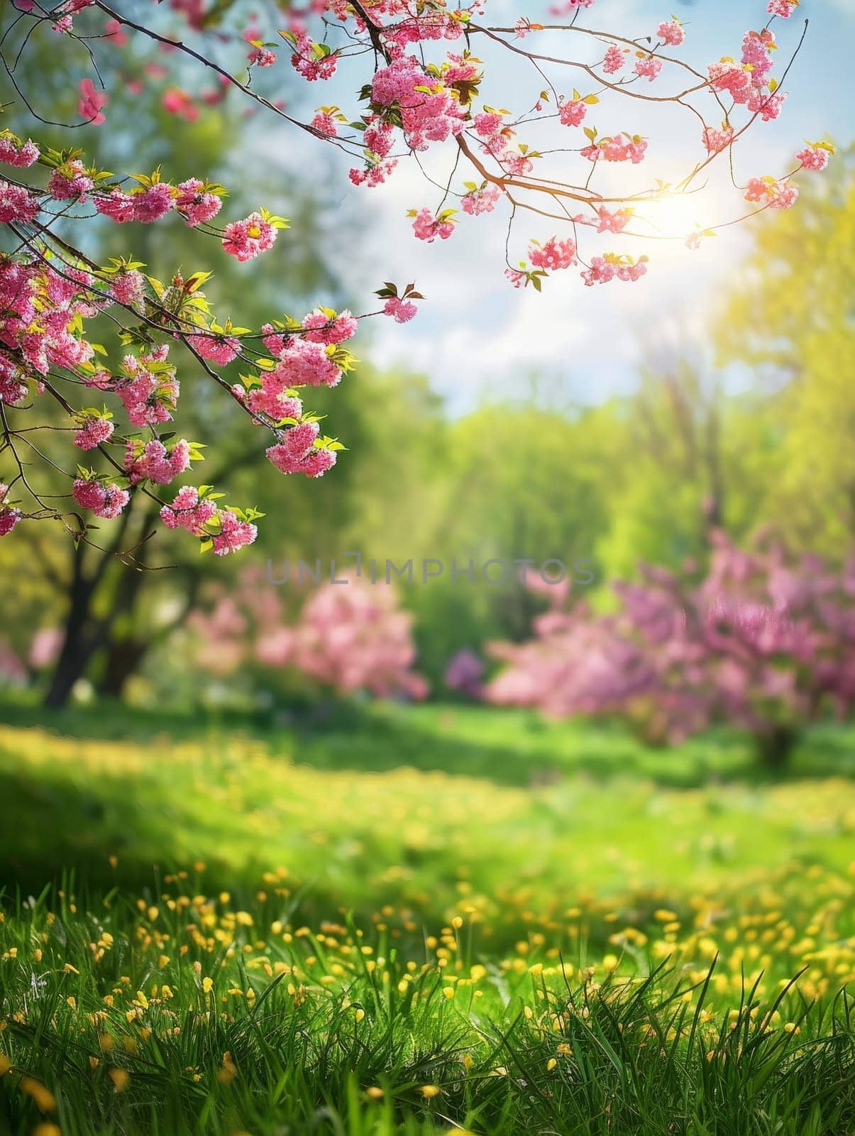 Cherry blossoms in full splendor arch over a lush springtime meadow. This enchanting landscape is a vivid celebration of spring's renewal and beauty.