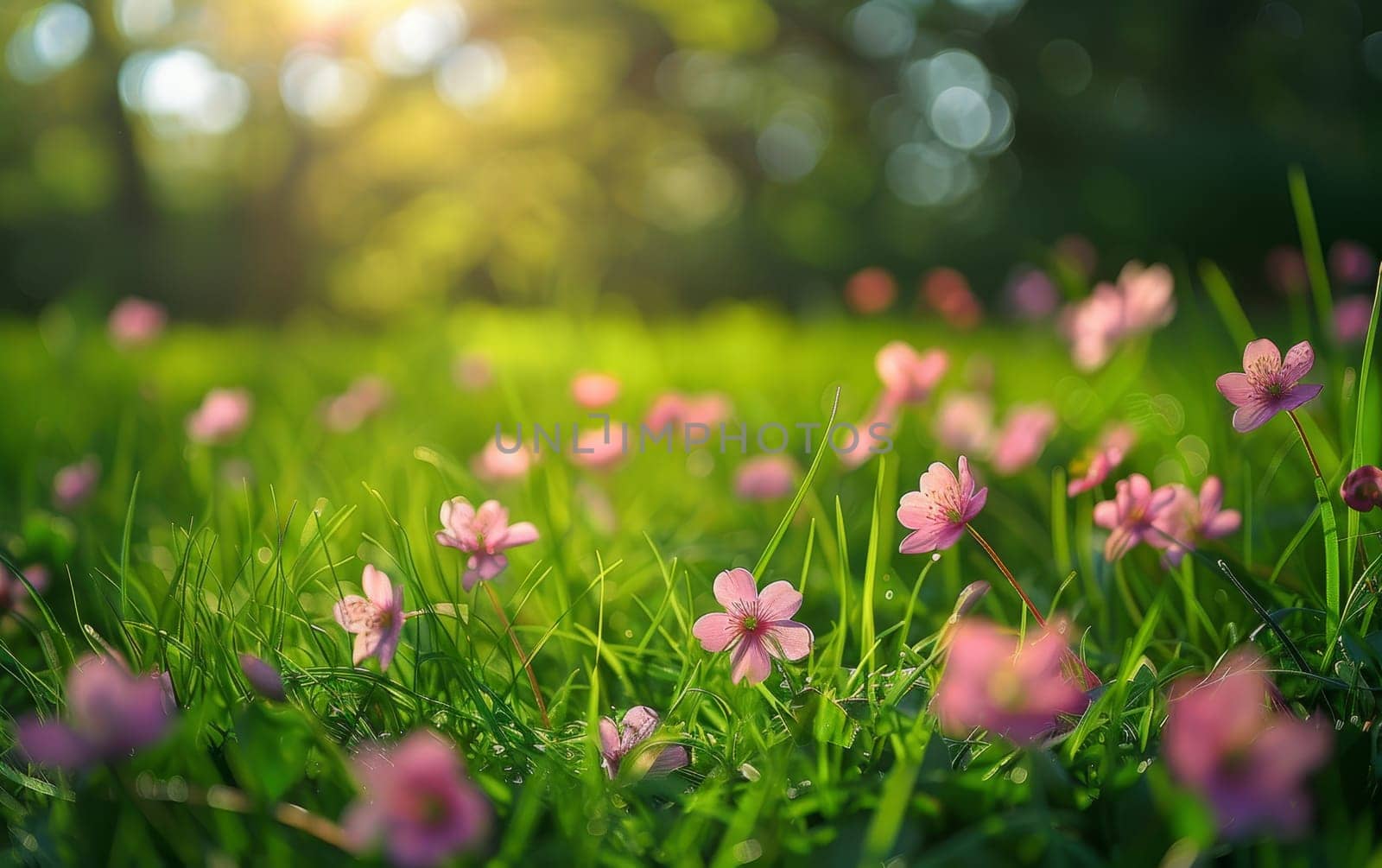 Delicate pink wildflowers bloom among lush grass, bathed in the golden light of dusk. The scene captures the tranquil essence of a spring evening in the wild by sfinks