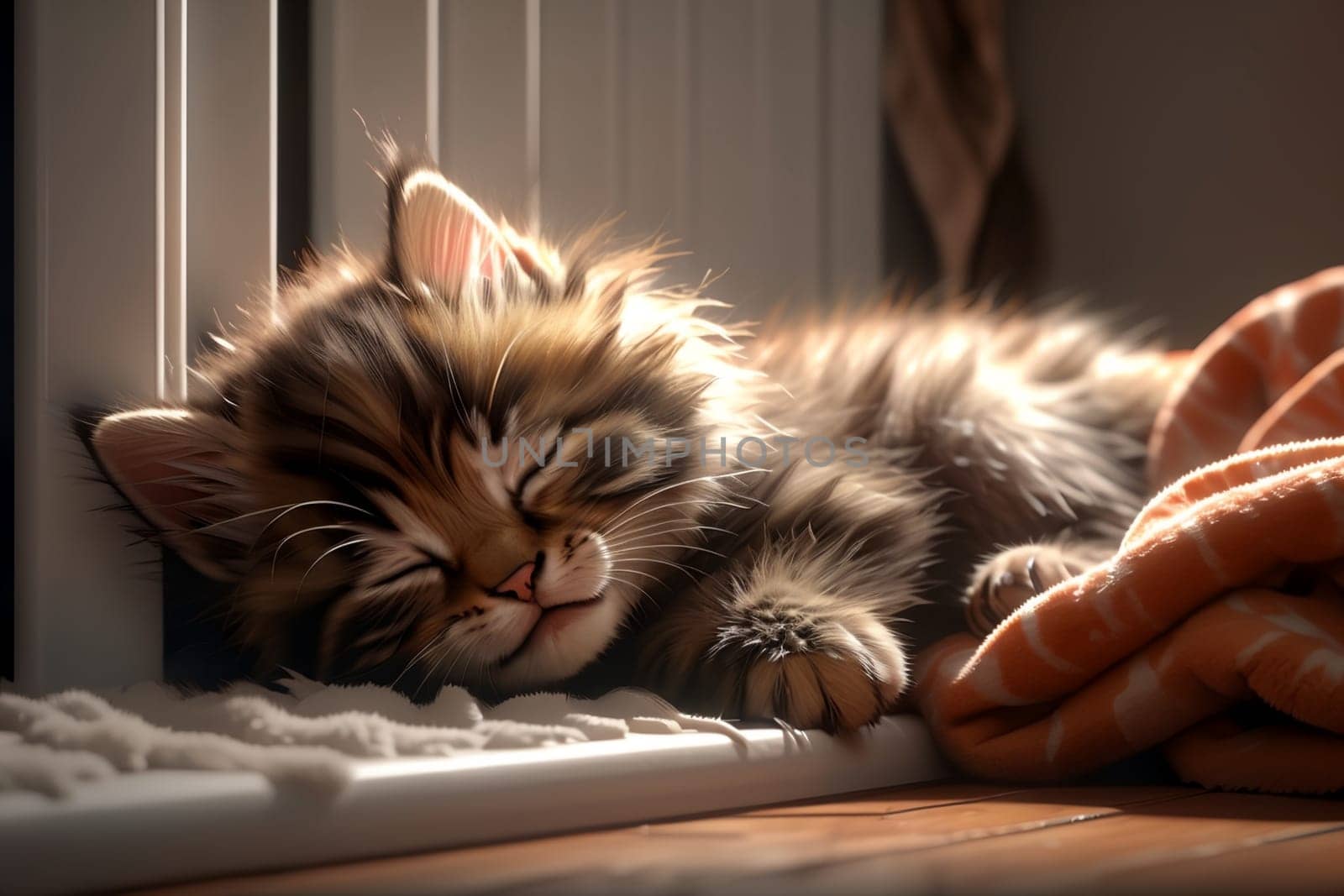 cute fluffy kitten sleeping under a blanket .