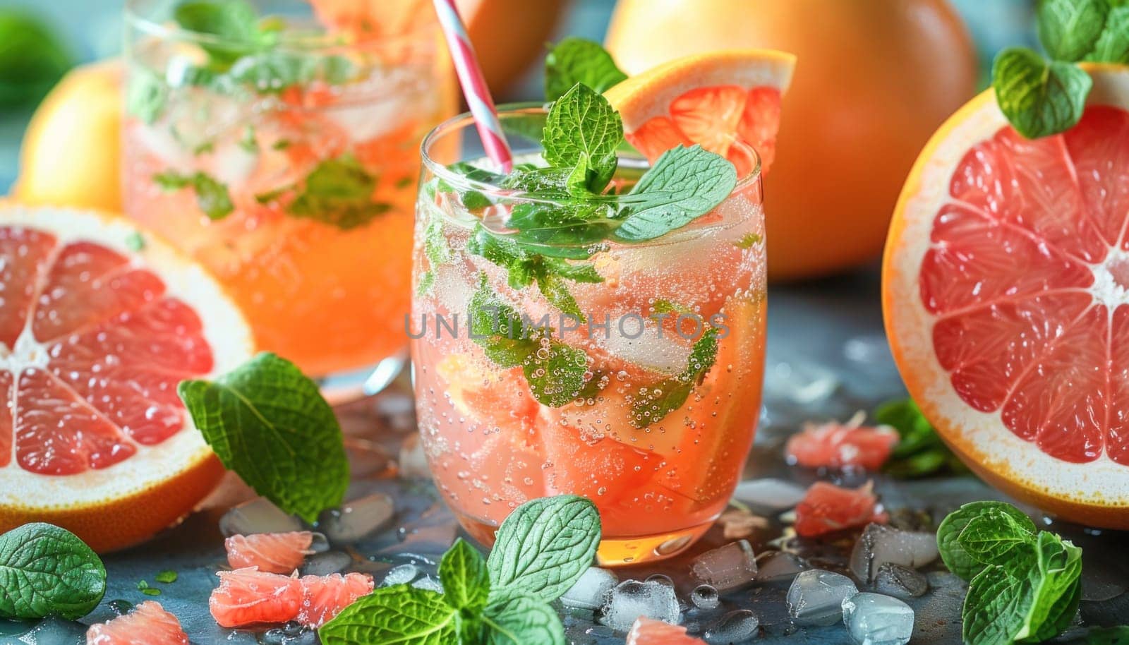 Close up of grapefruit drink with ice and mint leaves, a refreshing and healthy beverage option on a table