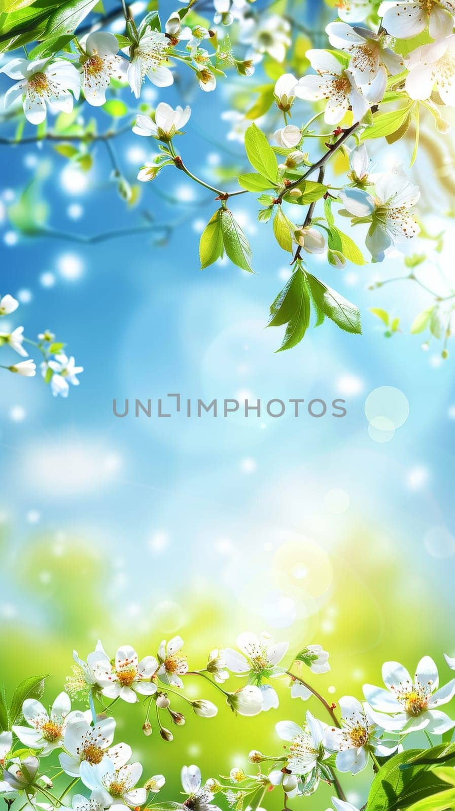 Delicate white blossoms framed by a bright blue sky and ethereal bokeh invite onlookers into the soft dance of springtime.